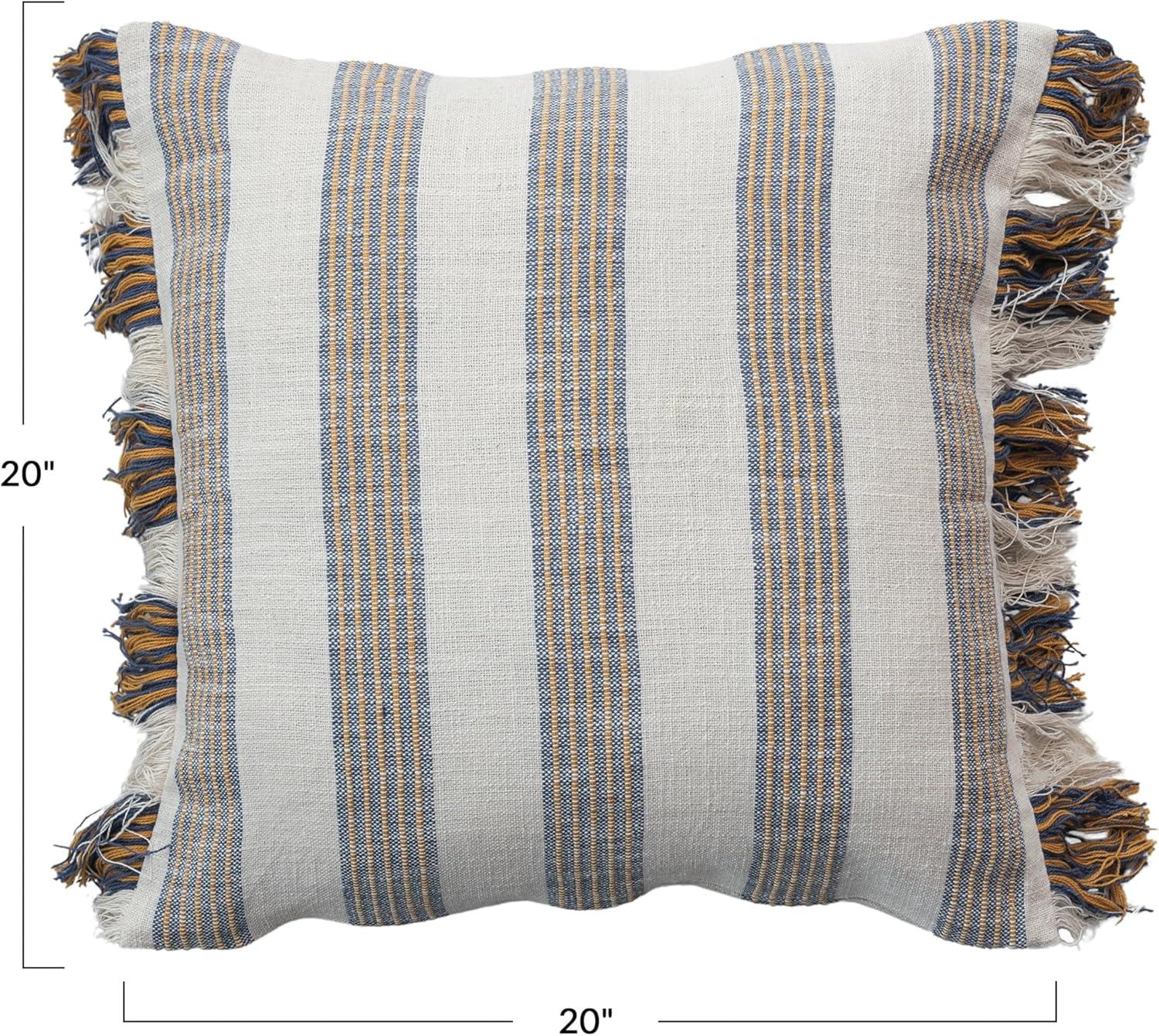 Gray and Yellow Striped Cotton Square Throw Pillow with Fringe