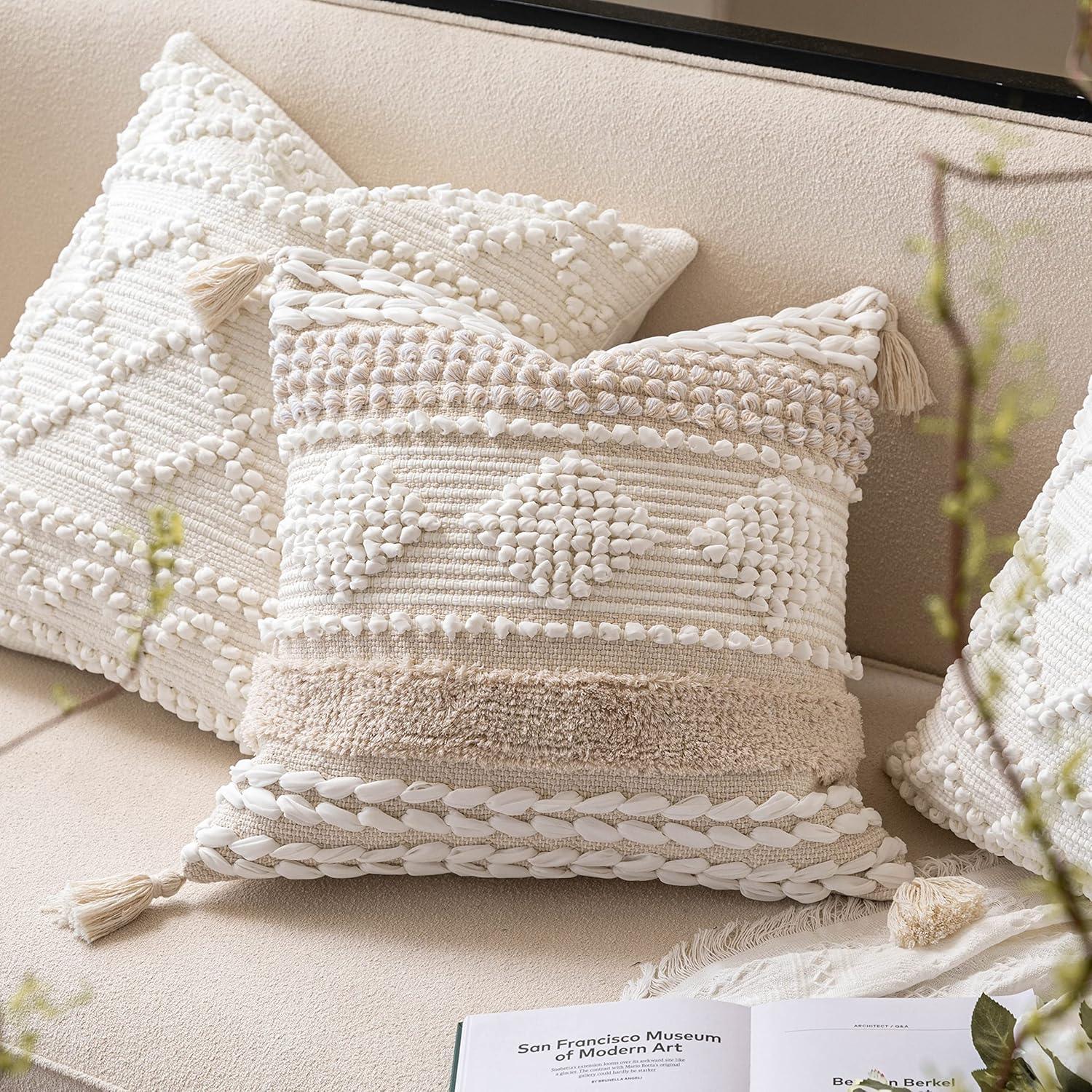 Cream White Boho Throw Pillow Cover 20X20, Decorative Neutral Accent Pillow for Couch, Square Woven Textured Pillowcase, Modern Boho Pillow for Bed, Bohemian Pillow Cover (Pack of 1)