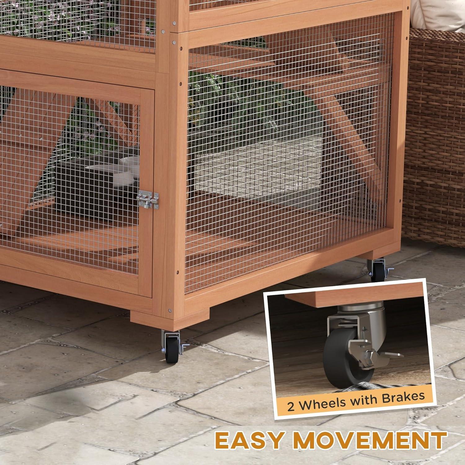 PawHut Catio, Outdoor Cat Enclosure House, Wooden Feral Cat Shelter on Wheels with Hammock, Platforms Ramps, and Waterproof Roof, 34", Orange