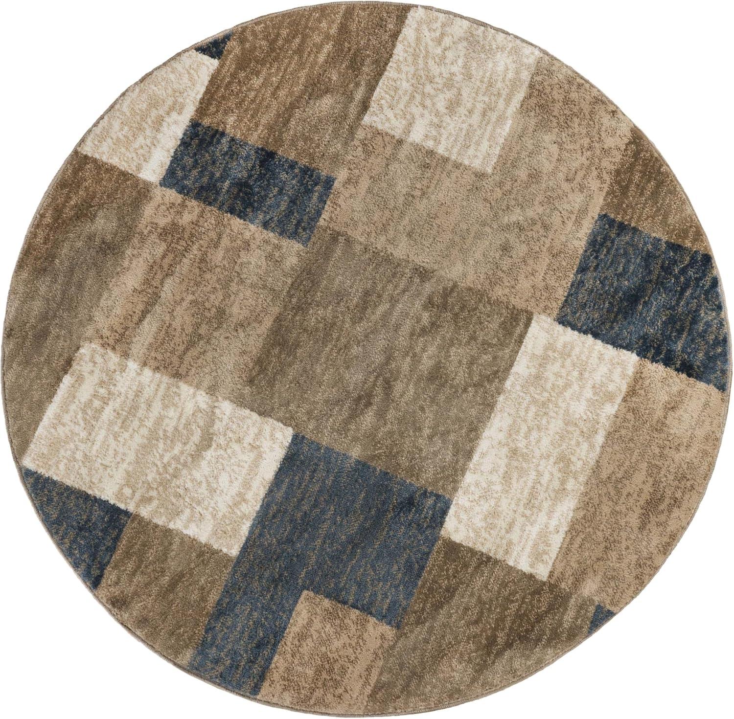 Superior Color Block Area Rug 8' Round, Plush Indoor Rugs For Living Room Bedroom, Beige