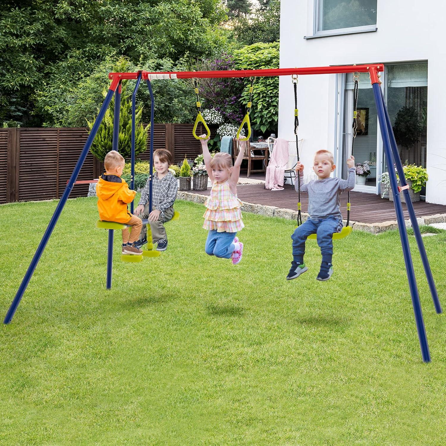 OLAKIDS Swing Sets for Backyard, Outdoor 3 in 1 A-Frame Heavy Duty Metal Stand for Kids and Adults, 440LBS Playground Activity Playset with Swing Seat, Glider, Trapeze Rings for Toddlers