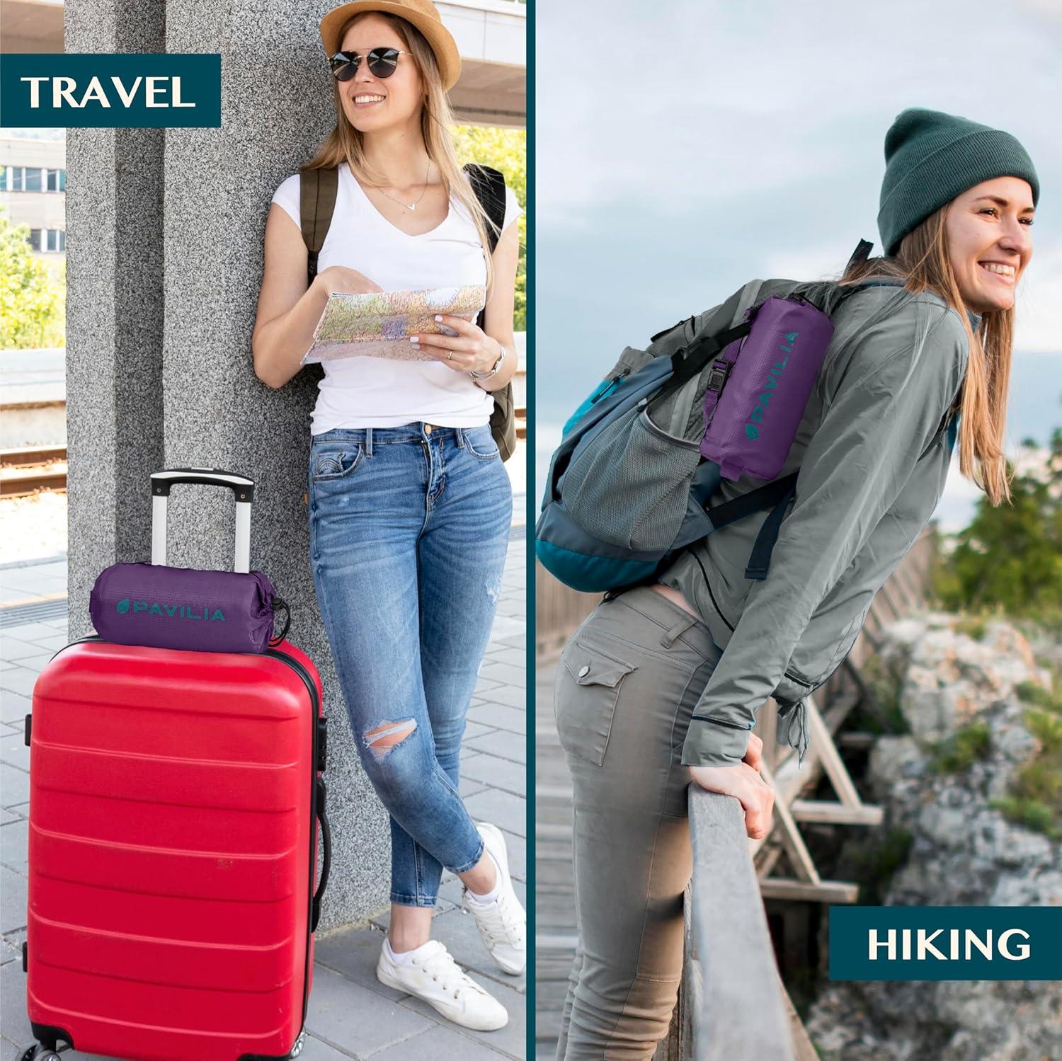 PAVILIA Travel Blanket Airplane Compact with Bag, Soft Packable Plane Throw Portable Camping Flight Essentials, Travelers Gifts Accessories, Purple