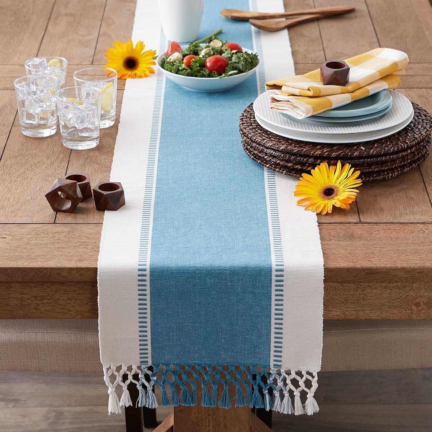 Storm Blue and White Cotton Table Runner with Fringe, 13x108