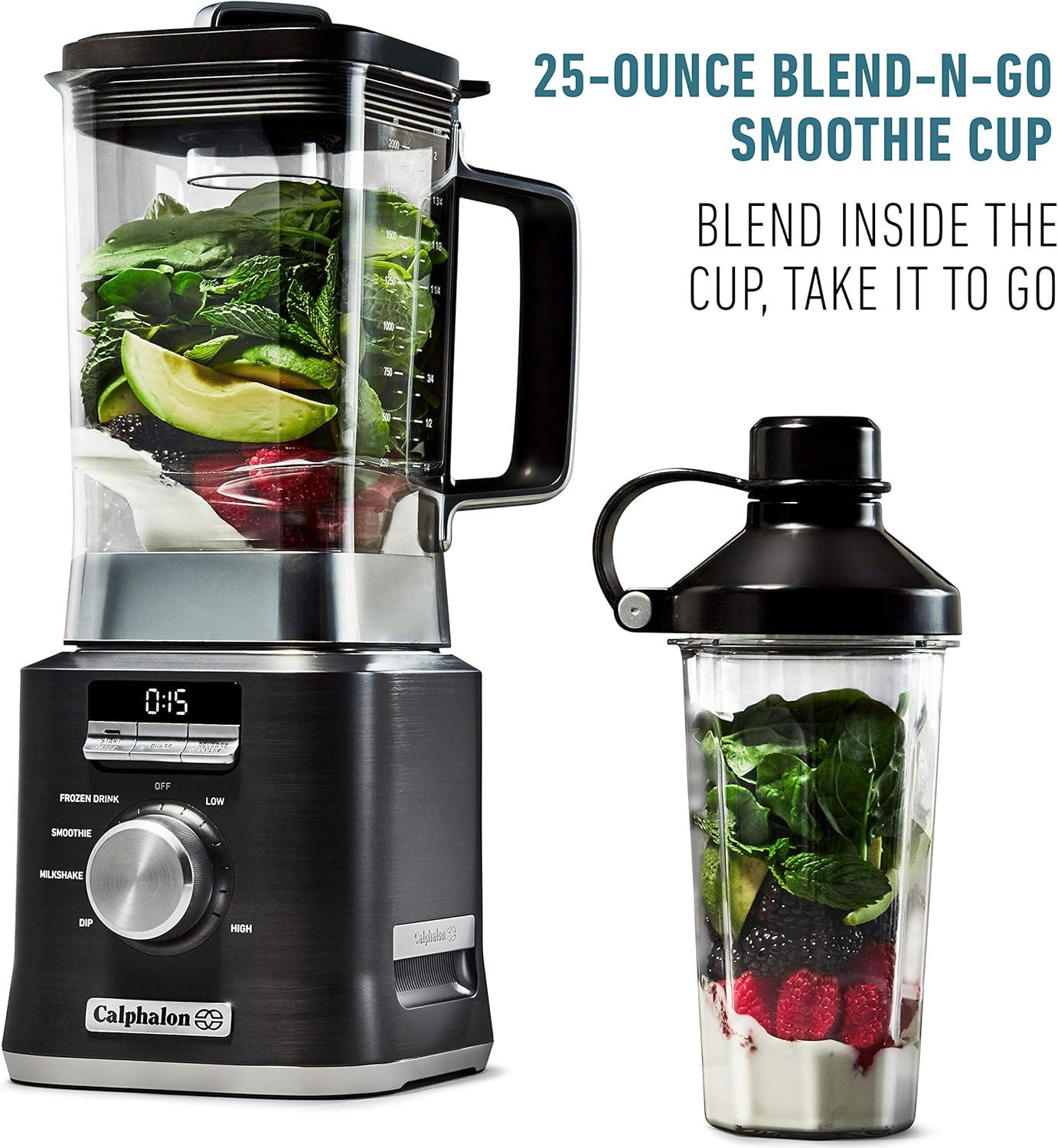 Calphalon Auto-Speed 2-Liter Blender with Blend-N-Go Smoothie Cup, Dark Stainless Steel