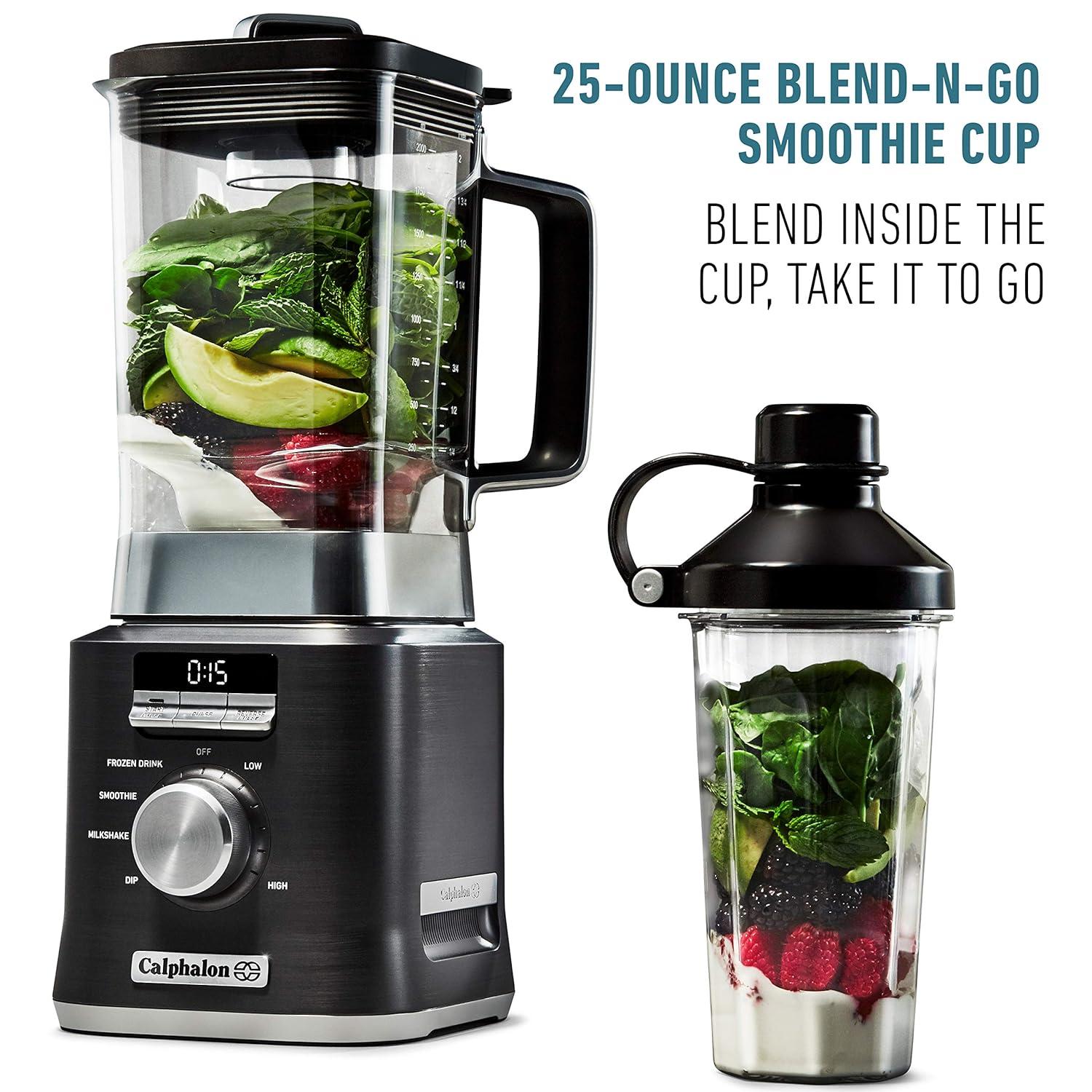 Calphalon Auto-Speed 2-Liter Blender with Blend-N-Go Smoothie Cup, Dark Stainless Steel