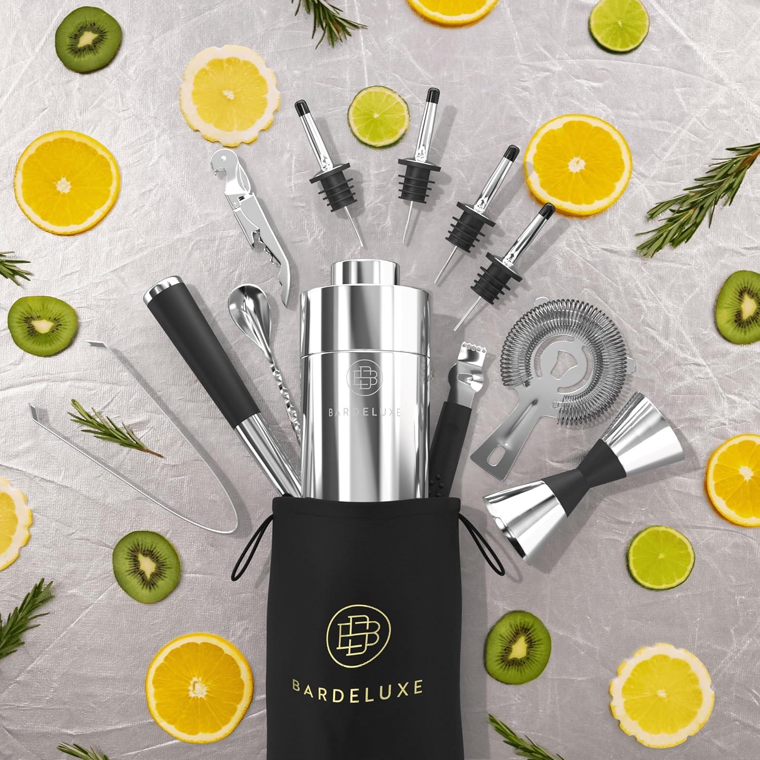 BarDeluxe® Pro Mixology Bartender Kit, 12-Piece Cocktail Shaker Set | Drink Shakers Cocktail Set, Bartending Kit, Bar Kit | Bar Kits for Bartender Home, Cocktail Kit, Bar Mixing Set, Bar Set (Silver)