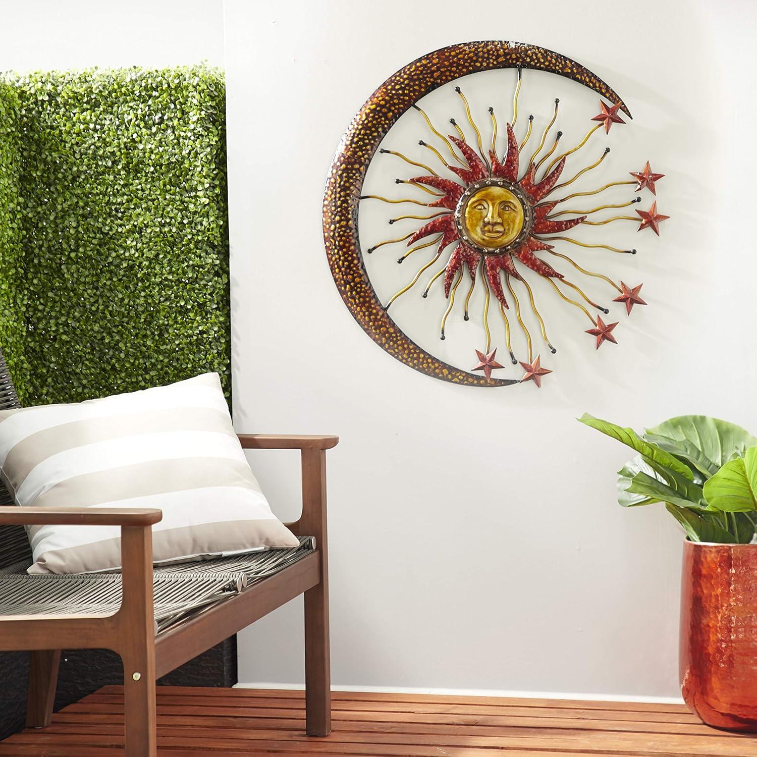 DecMode Copper Metal Indoor Outdoor Sun and Moon Wall Decor with Stars