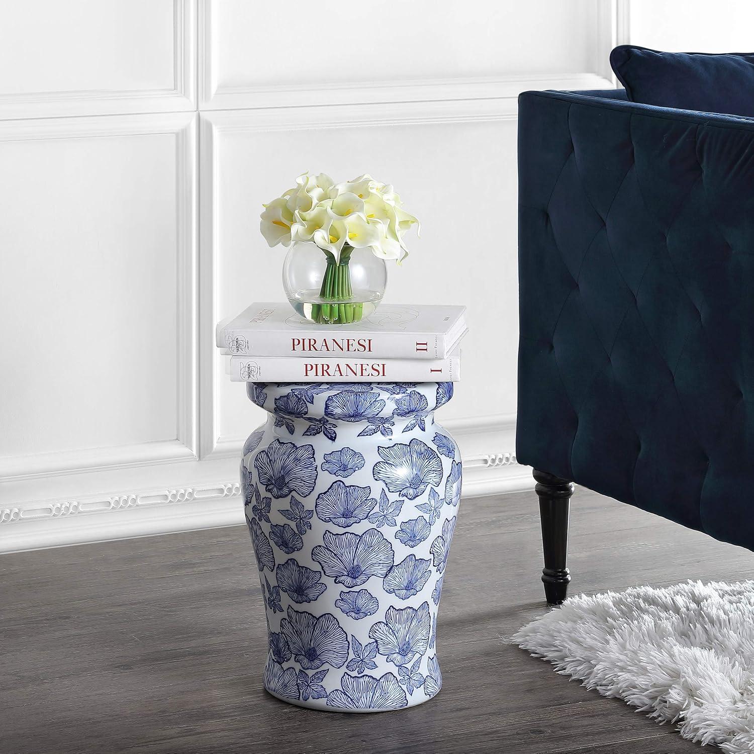 JONATHAN Y Poppies 17.7" Ceramic Garden Stool, White/Blue