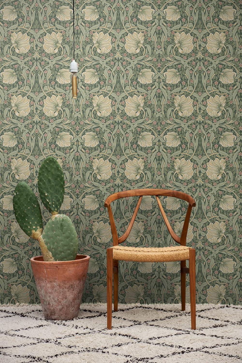 NextWall Pimpernel Floral Peel and Stick Wallpaper: Vintage Green Botanical Vinyl, Repositionable & Washable, 40.5 Sq Ft Coverage