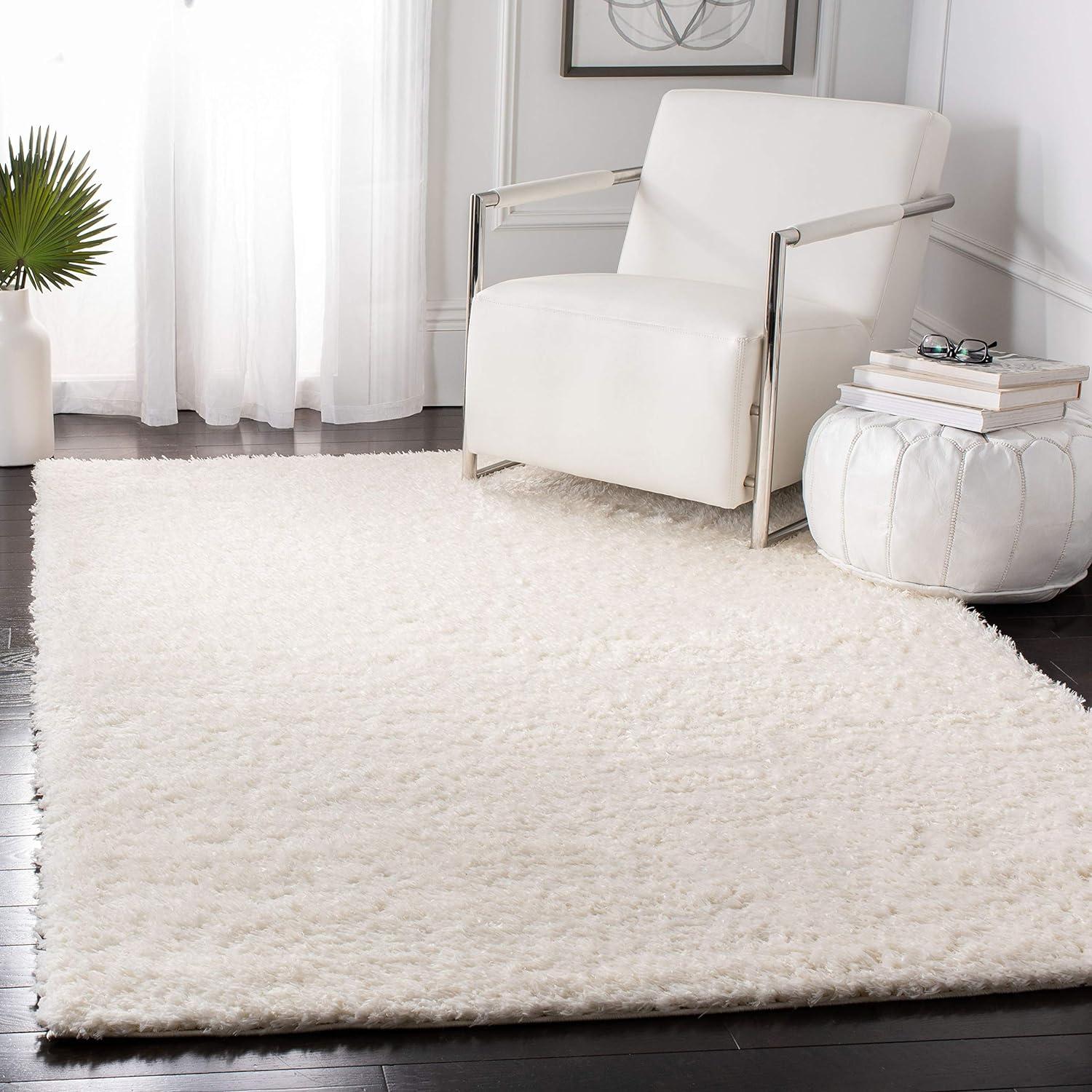 Luxurious Ivory Square Shag Area Rug - Hand-knotted Wool & Synthetic Blend