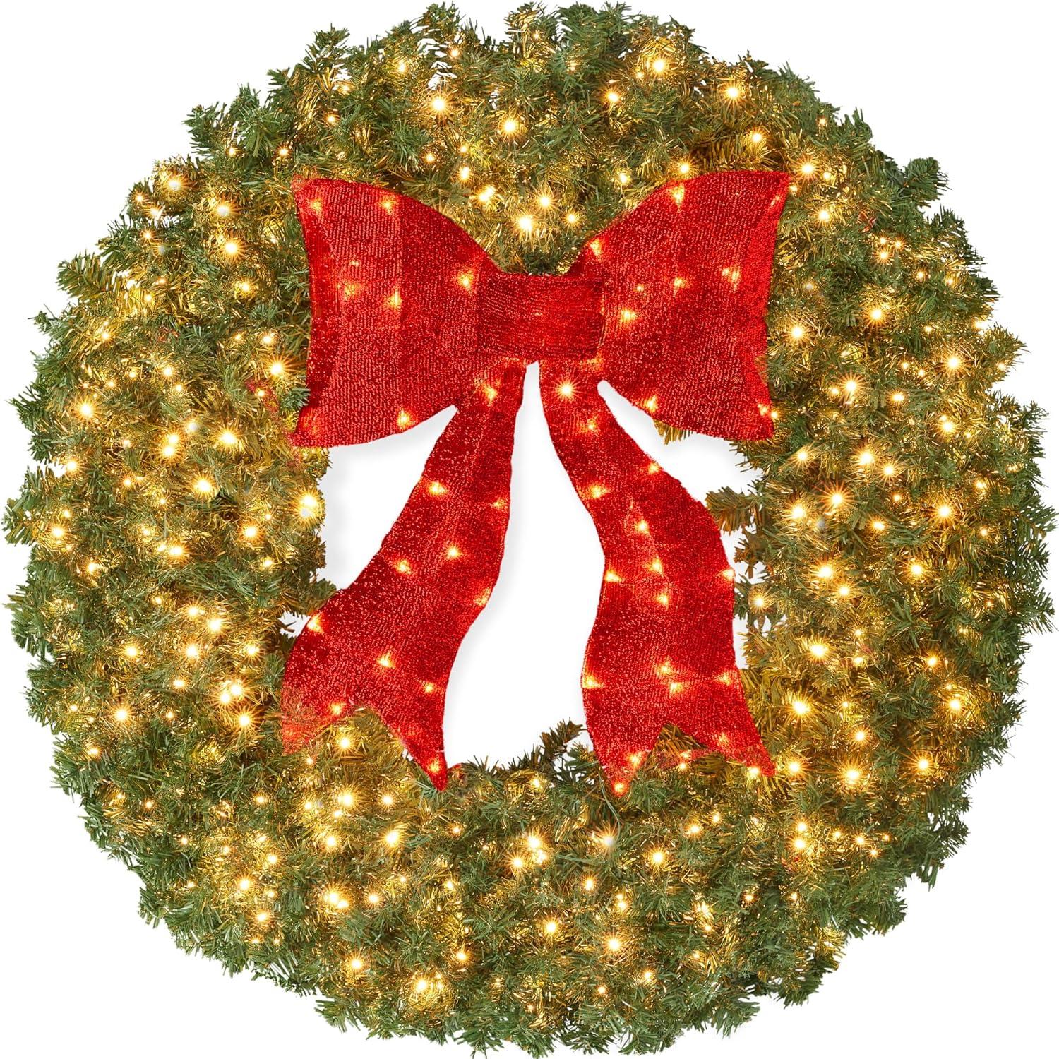 Best Choice Products Artificial Pre-Lit Fir Christmas Wreath Décor w/ Red Bow, LED Lights, Tips, Plug-In