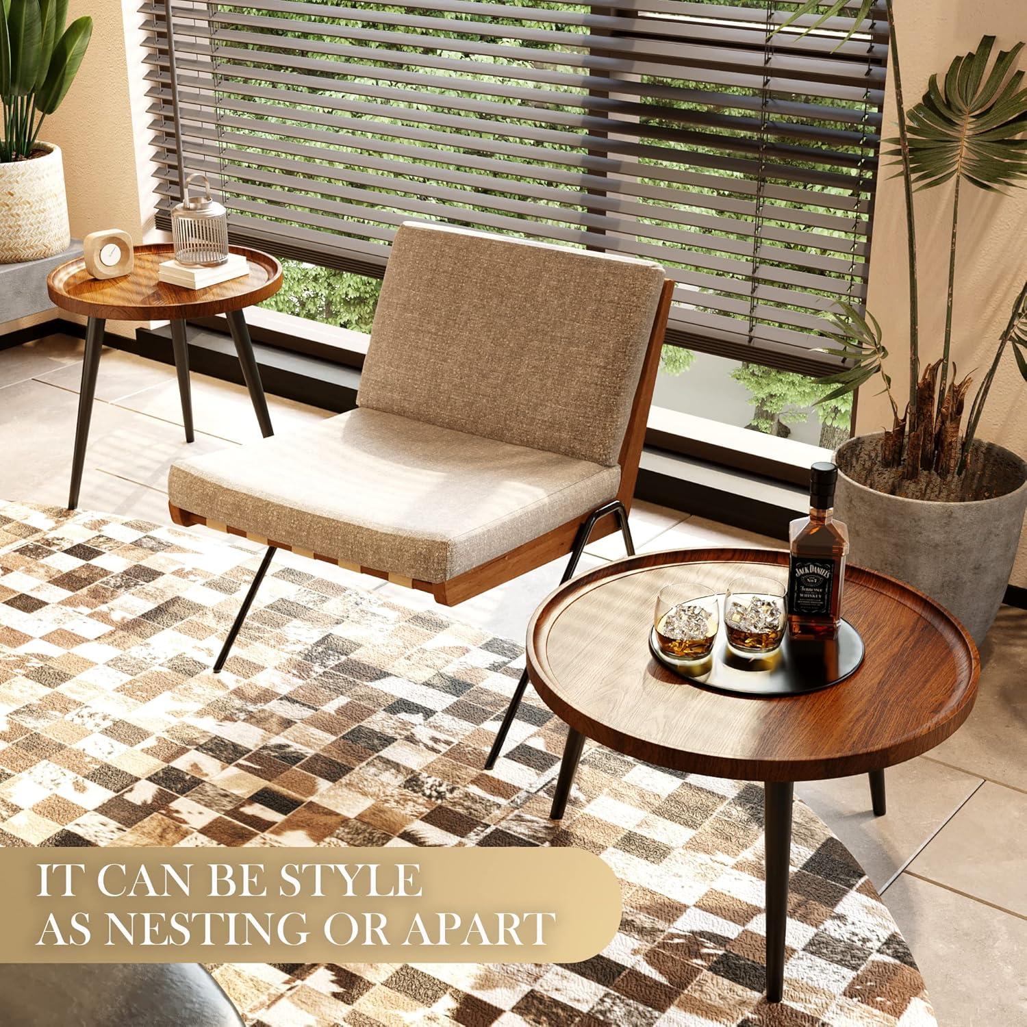 2-Piece Modern Round Coffee Table Set for Living Room,Easy Assembly Nesting Coffee Tables,Walnut Color Circle End Side Tables for Bedroom Office Balcony Yard