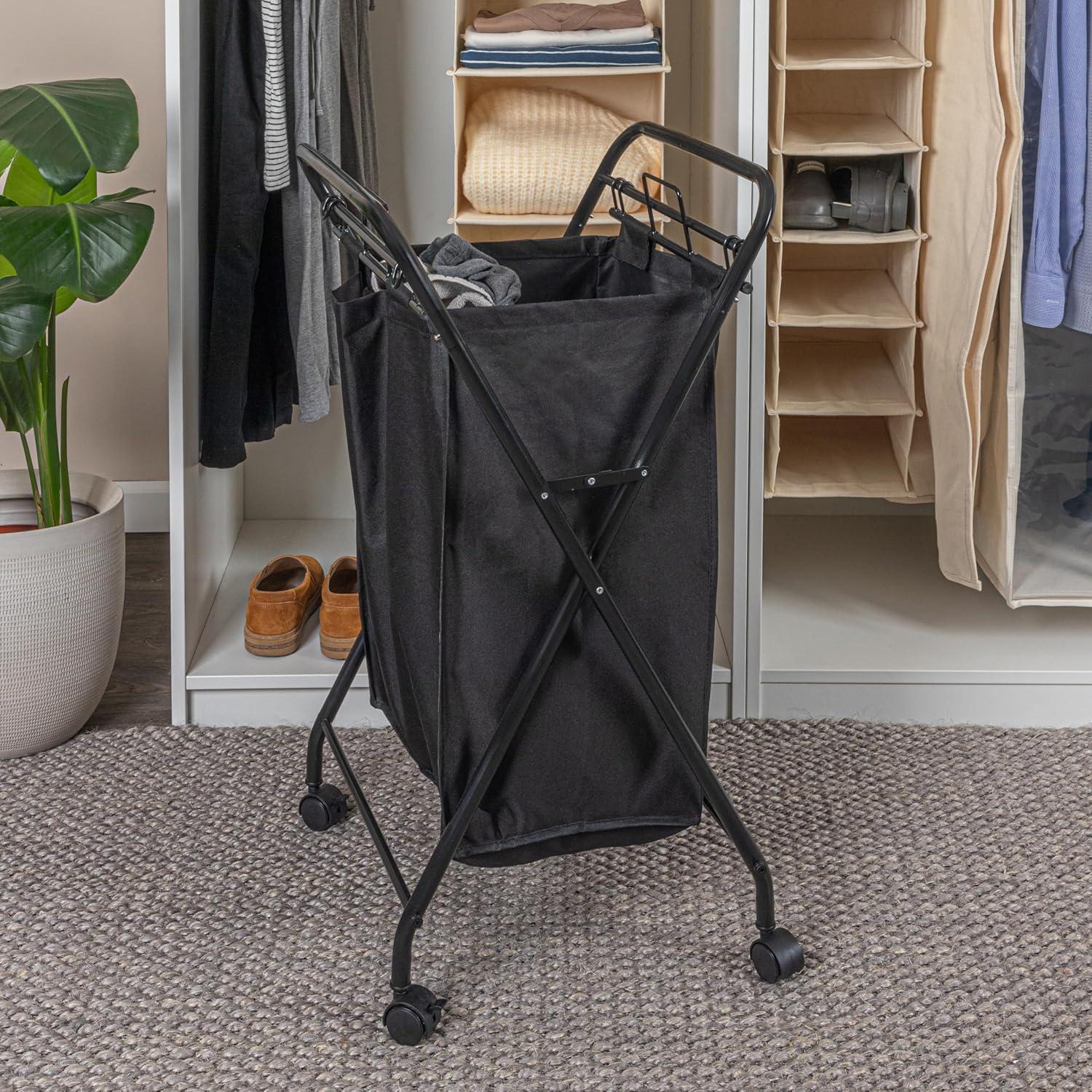 Household Essentials Rolling Laundry Hamper Heavy Duty Canvas Bag 2 Load Capacity Foldable Frame Black Bag