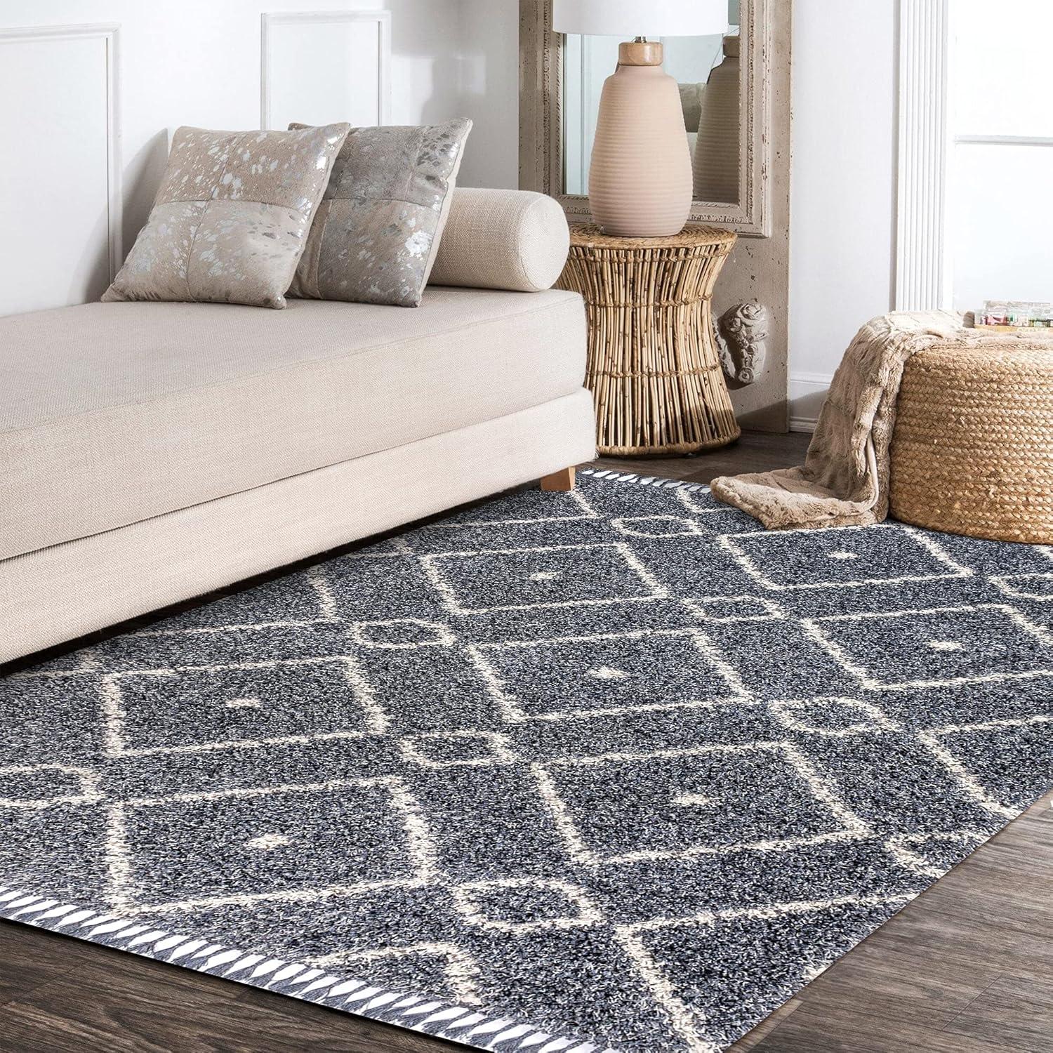 JONATHAN Y MCR105A-5 Mercer Shag Plush Tassel Moroccan Diamond Denim Blue/Cream 5 ft. x 8 ft. Area Rug, Shags Bohemian, Pet Friendly, Stain Resistant, Easy to Clean, for Living Room; Kitchen, Bedroom