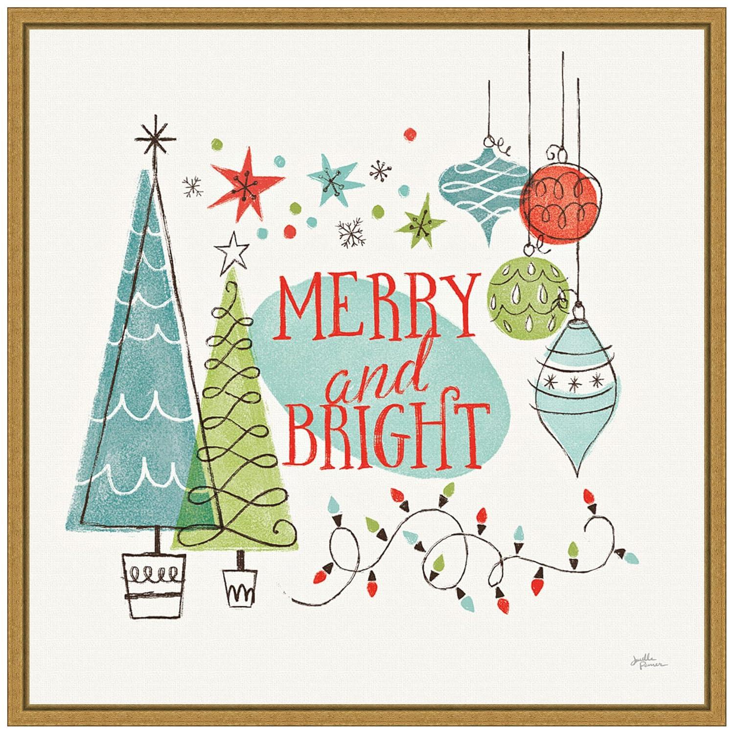 16" x 16" Merry and Bright Christmas Tree Square by Janelle Penner: Retro Holiday Decor - Amanti Art
