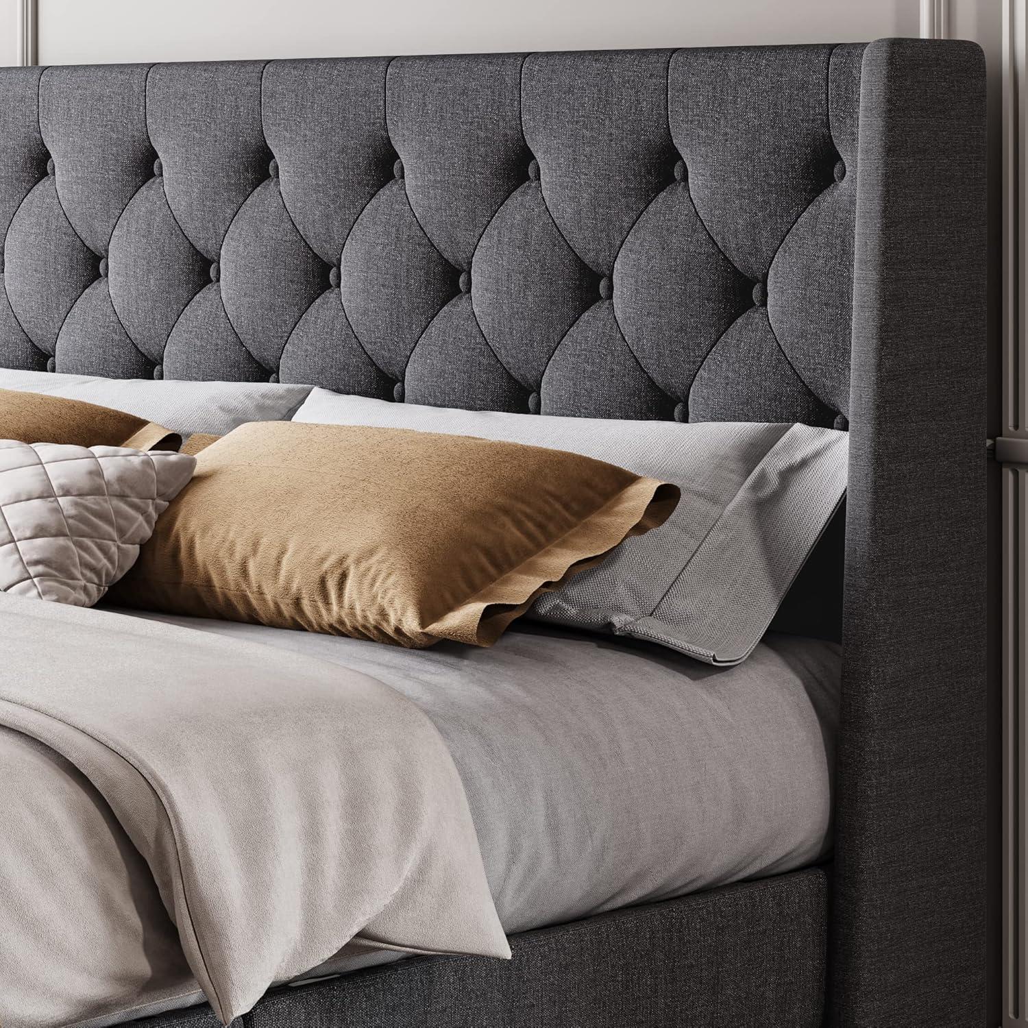 SHA CERLIN Queen Size Platform Bed Frame with Upholstered Headboard and Wingback, Button Tufted Design, Easy Assembly, Dark Grey