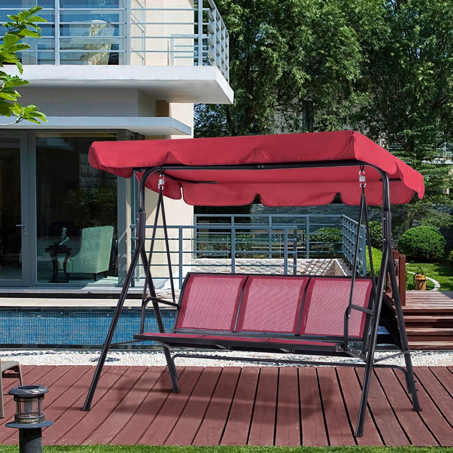 Burgundy Steel Frame 3-Person Outdoor Patio Swing Chair with Canopy