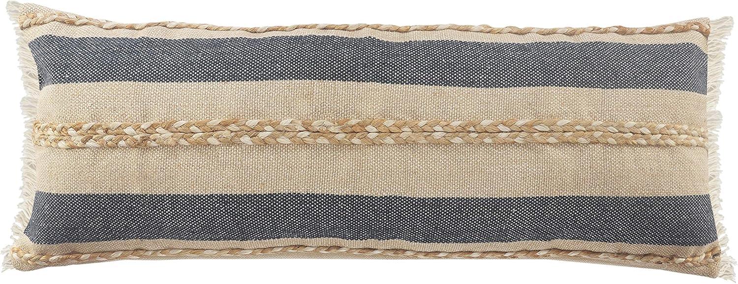 Coastal Denim and Tan Striped Lumbar Pillow with Jute Braiding