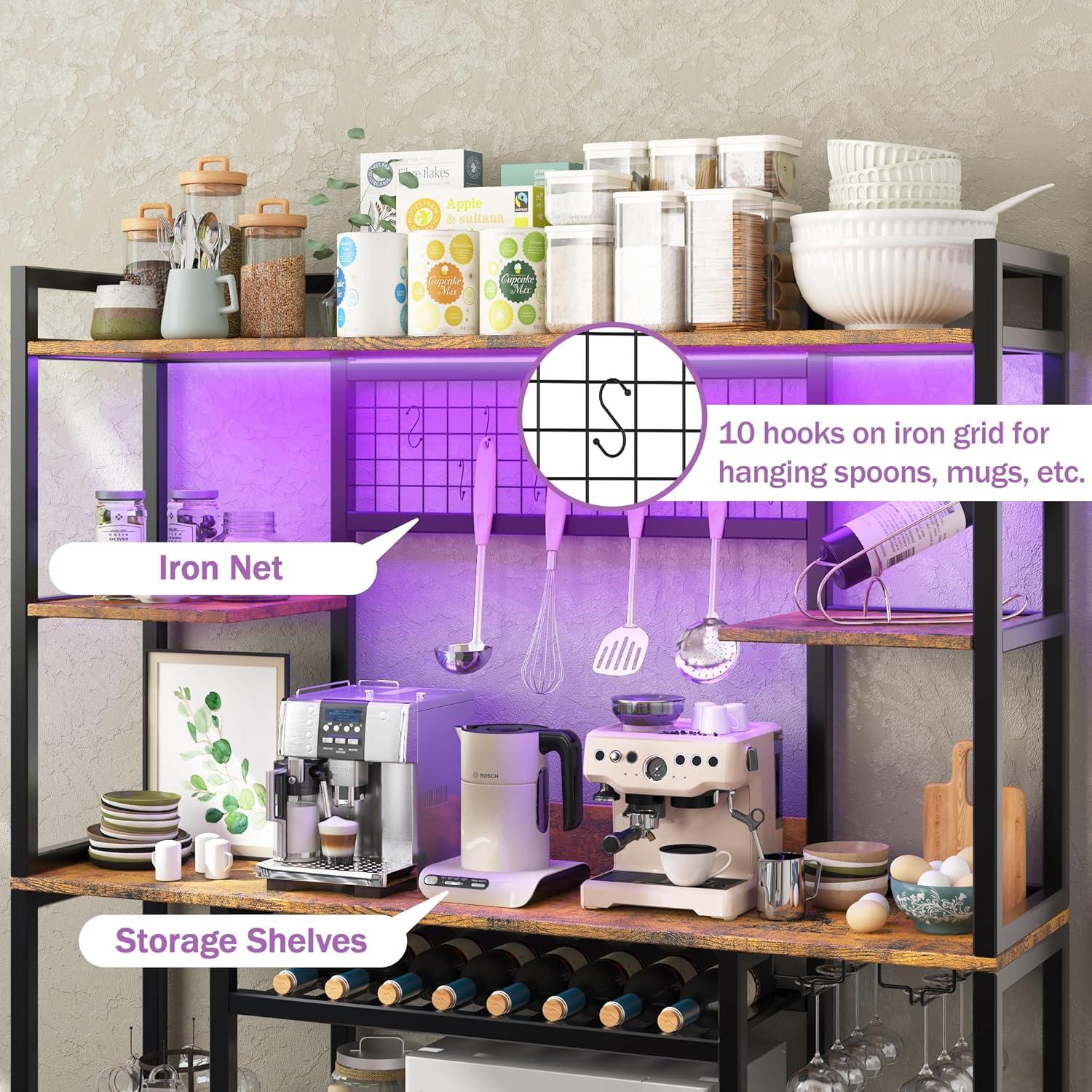 Ataucjin 55" 5-Tier Bakers Rack With Power Outlet And LED Light Kitchen Microwave Stand Farmhouse Coffee Bar Cabinet With Storage Shelf 10 Hooks Wire Basket Wine Rack For Spices Pots Pans