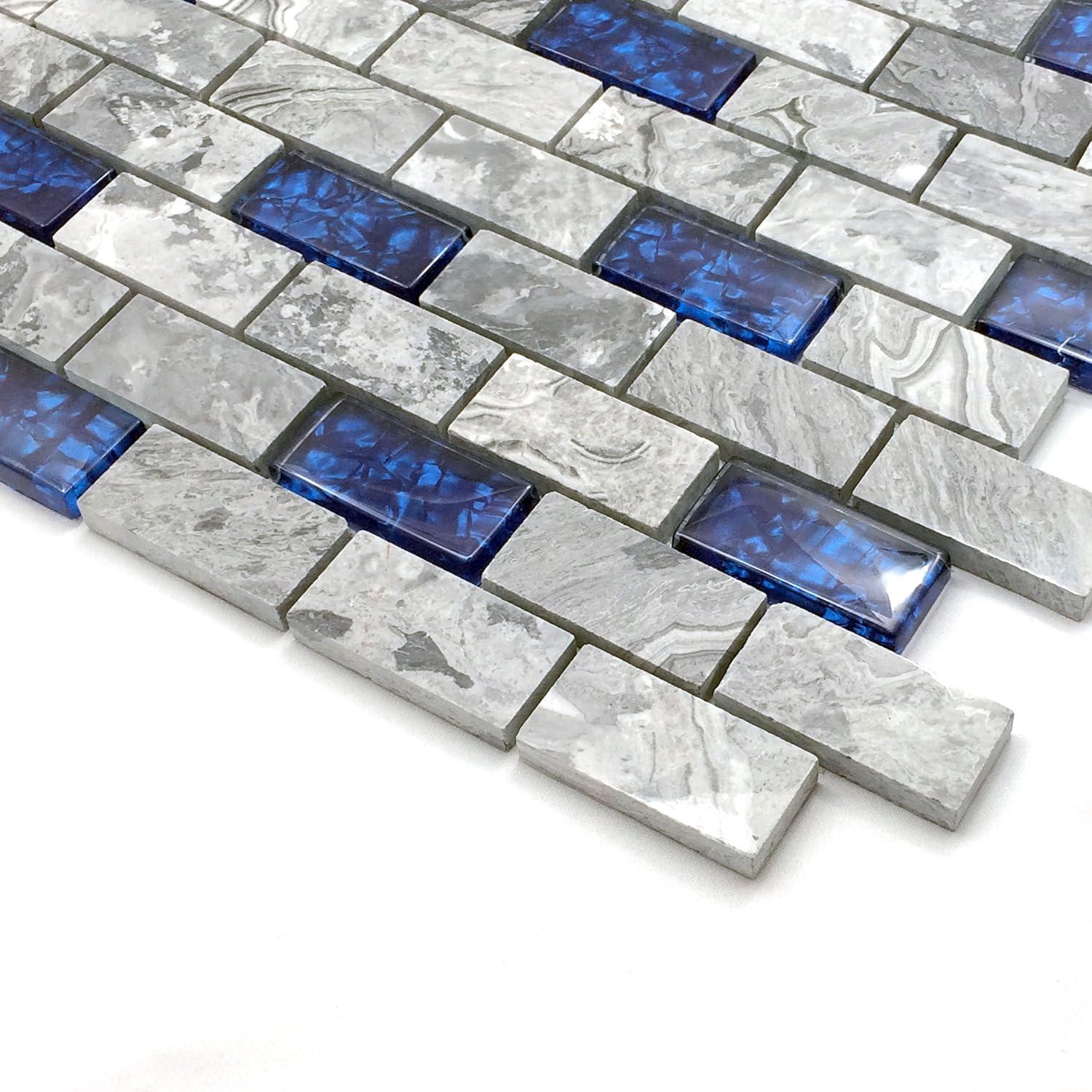 Navy Blue and Gray Polished Marble Glass Mosaic Tile