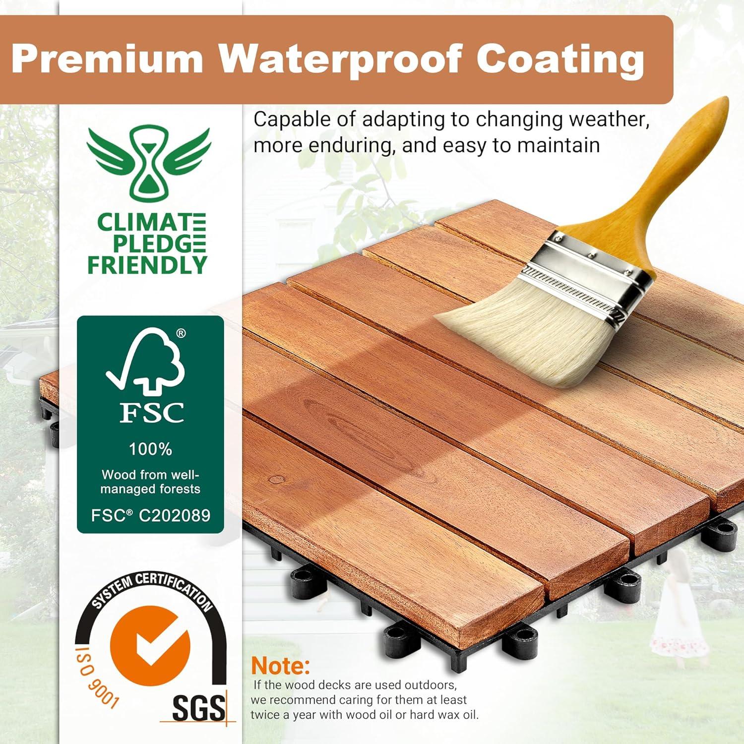 Natural Acacia Wood Interlocking Deck Tiles with Water Protection, 27 Pack