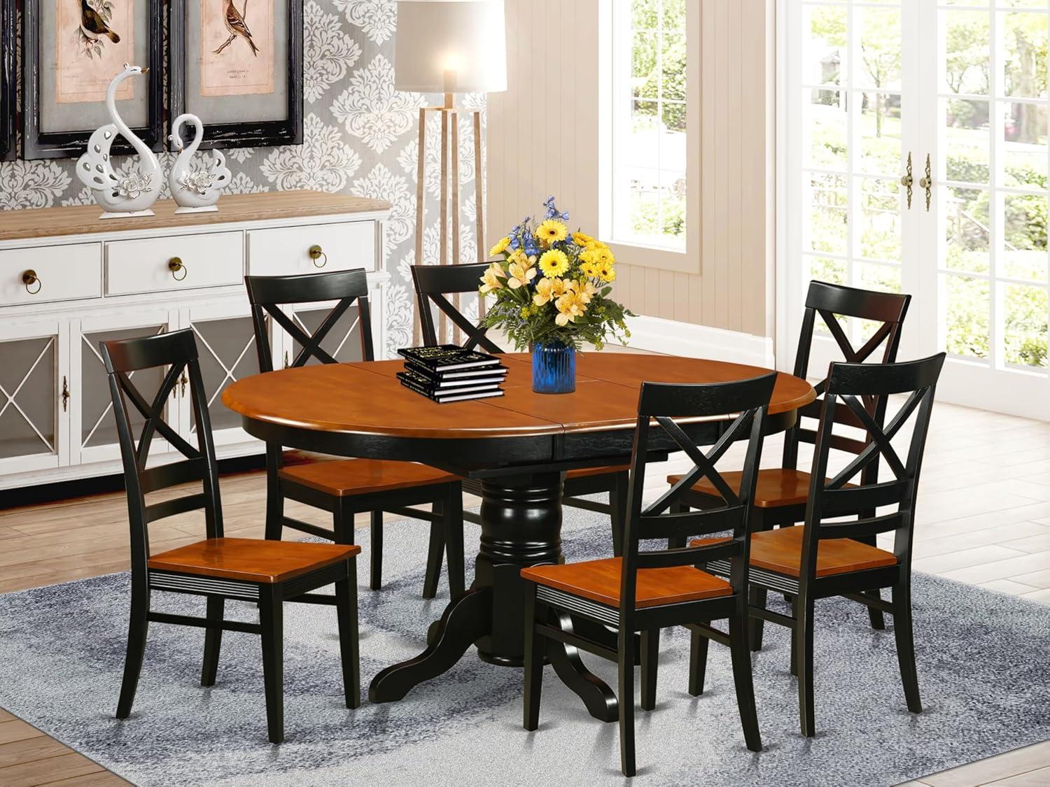 Cherry and Black Oval Pedestal Dining Table Set with 6 Chairs