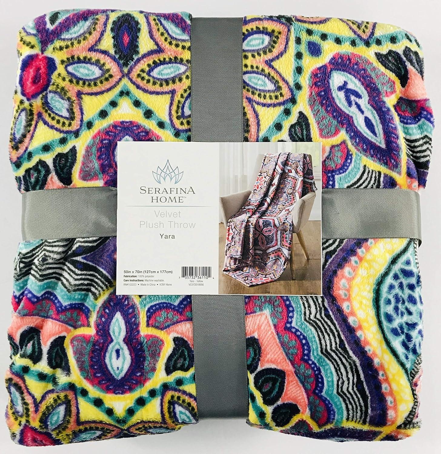 Serafina Home Boho Velvet Fleece Throw Blanket: Soft Plush Bright Decorative Paisley Patterned Accent for Couch or Bed, Colored: Teal Hot Pink Purple Yellow Black