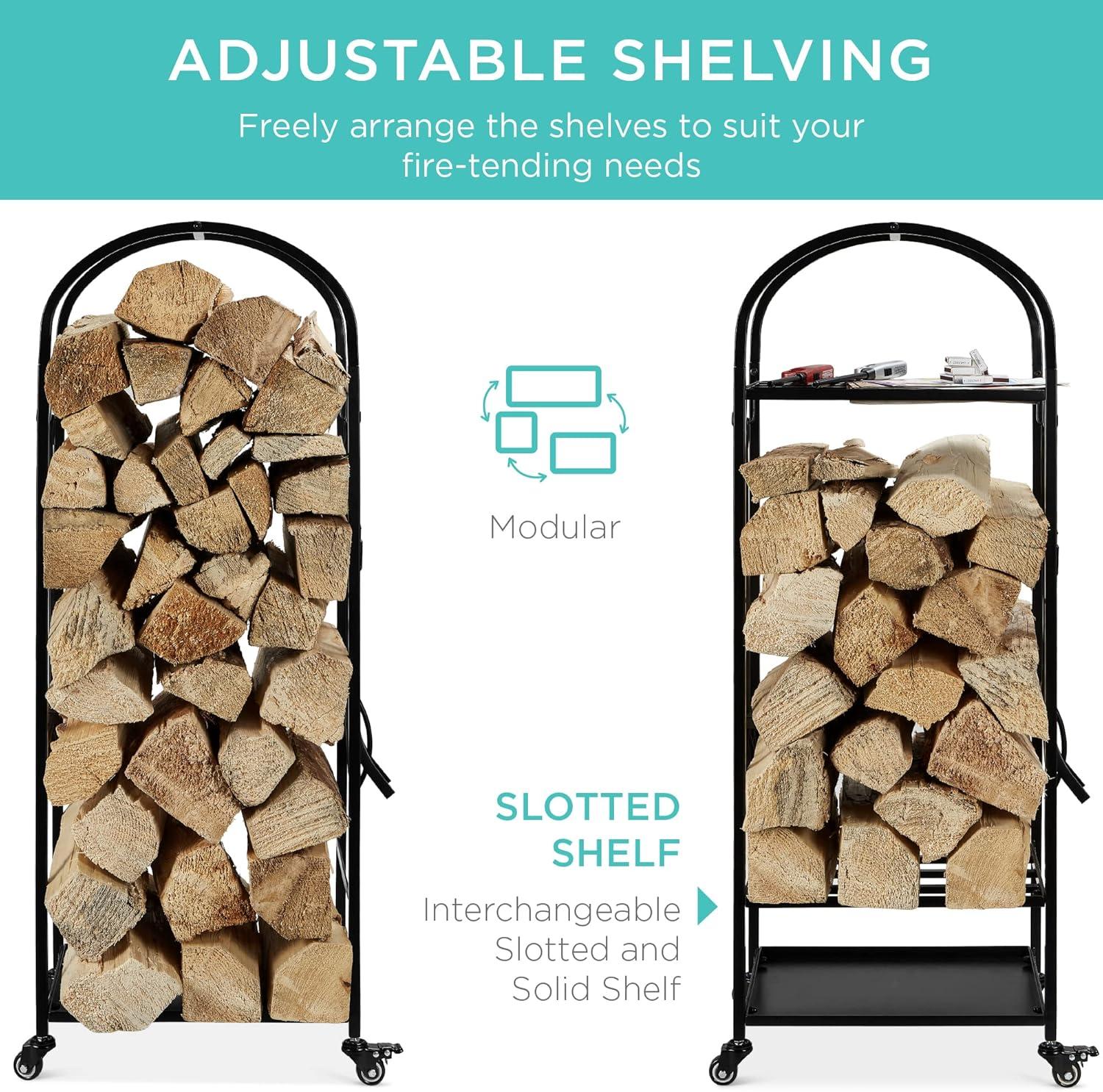 Best Choice Products 4ft 3-Tier Firewood Log Rack, Vertical Wrought Iron Holder for Home w/ 4-Piece Tool Set, Wheels