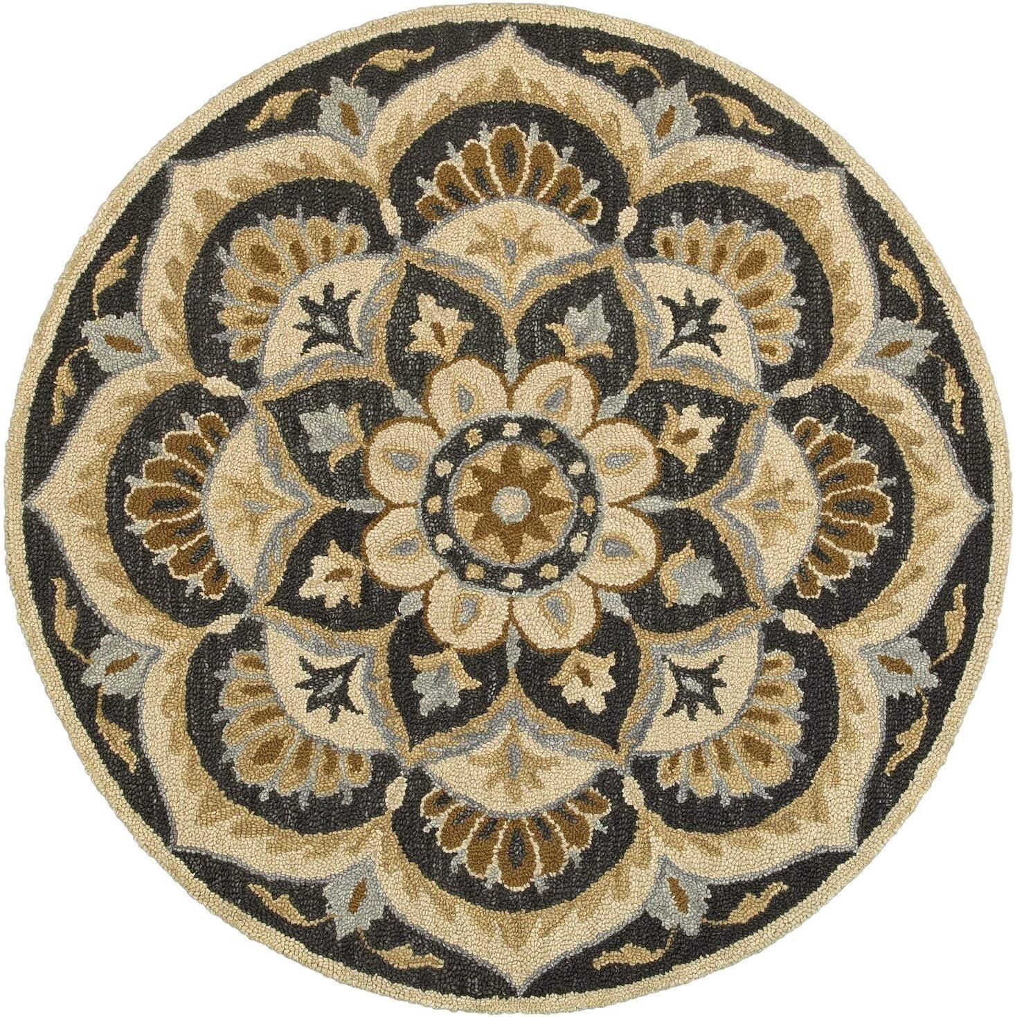 Handmade Round Blue Floral Tufted Wool Rug, 6' Diameter