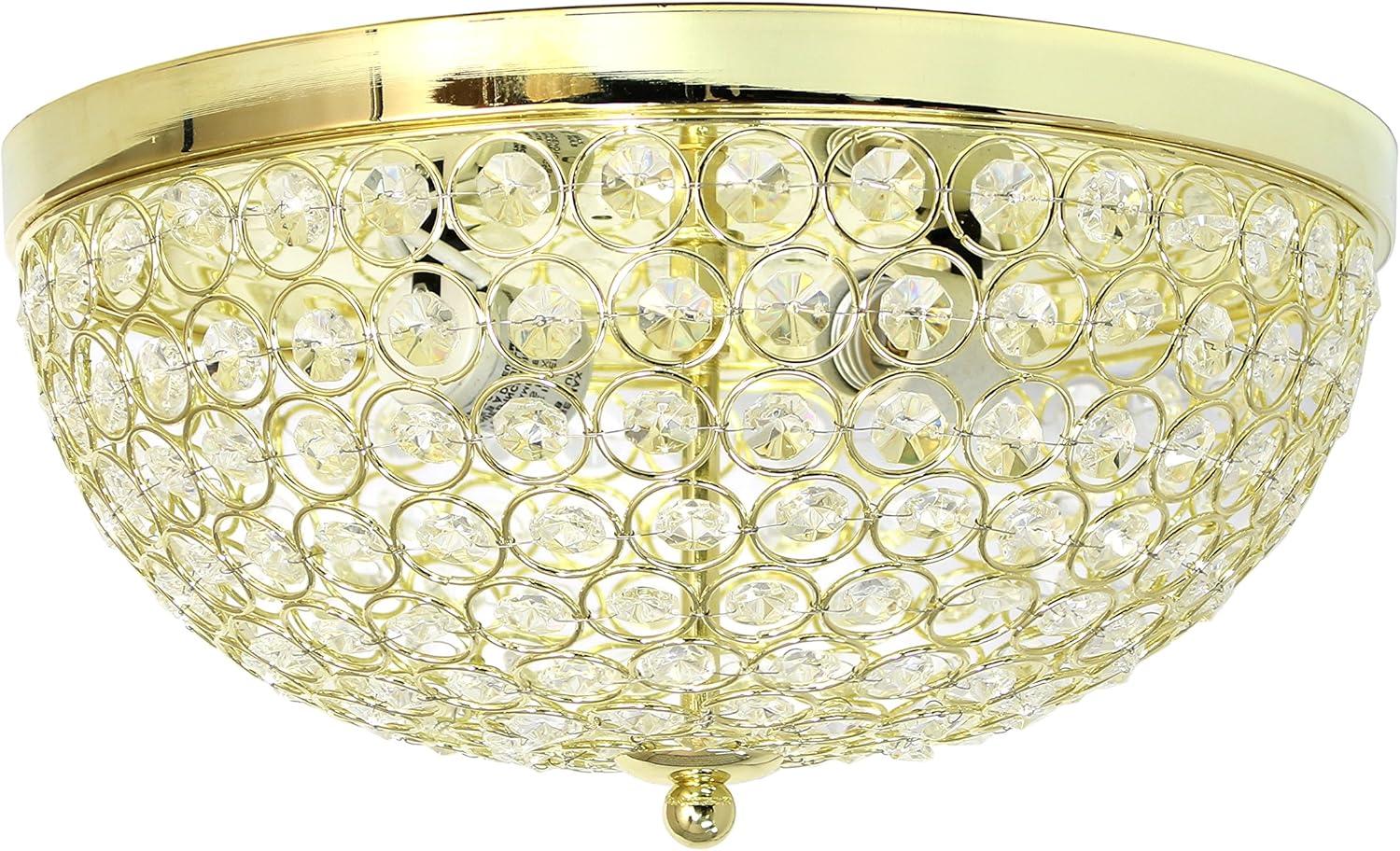 Elegant Designs Elipse Crystal 13" Metal 2 Light Bowl Shaped Ceiling Flush Mount Fixture, Gold