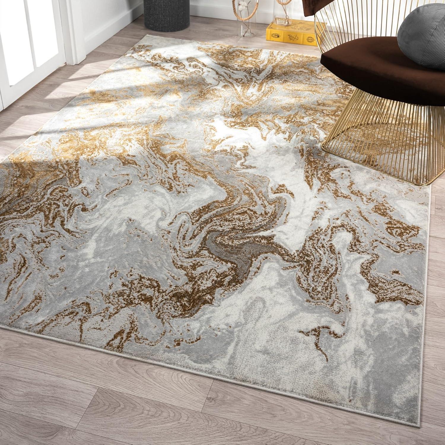 Gray and Gold Abstract Marble Swirl 8' x 10' Area Rug