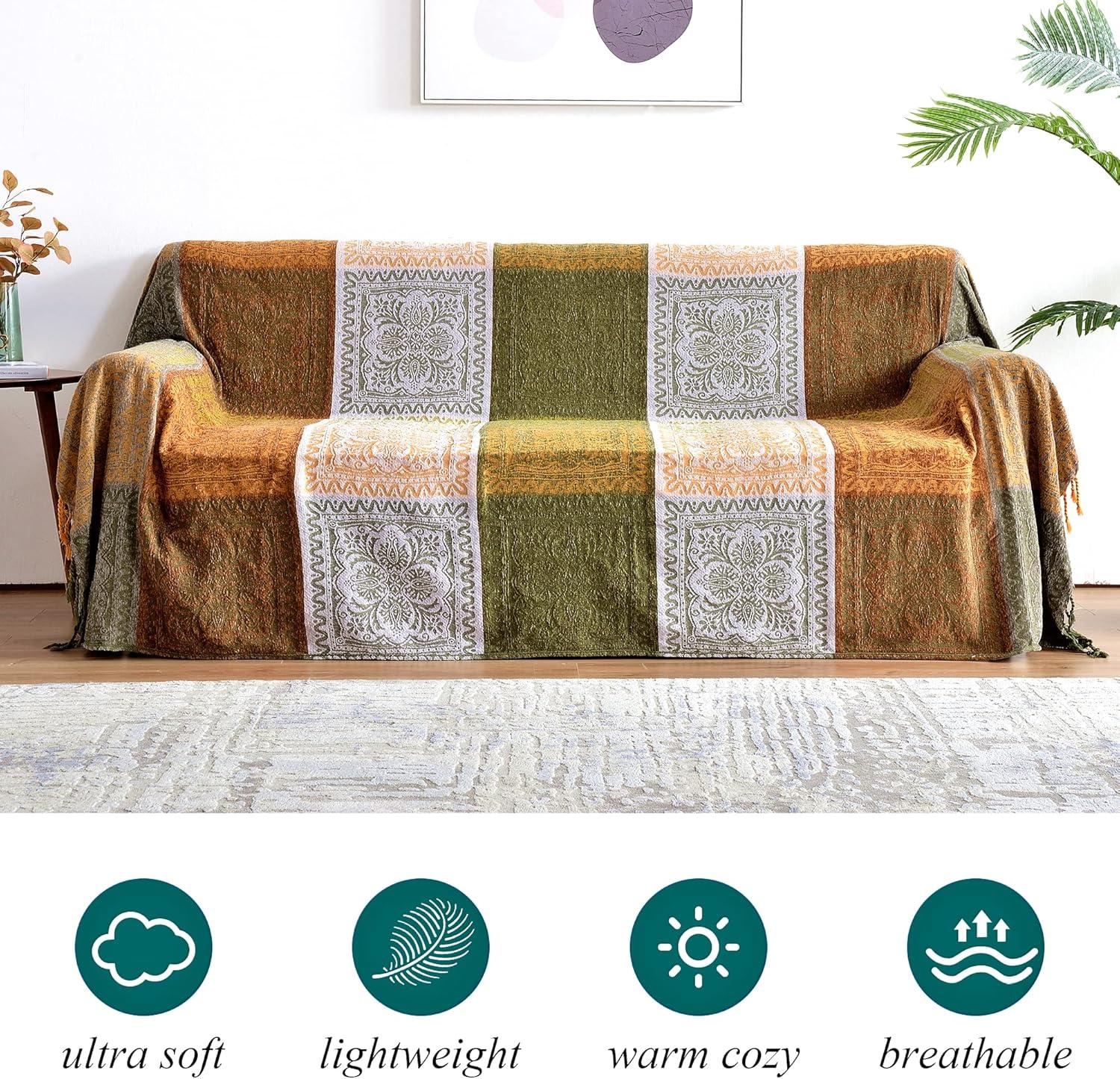 Boho Throw Blanket, Bohemian Tassels Throw Blankets for Bed Couch Soft Chair， Chenille Fringe Tassels ( Green, Large 86*102Inches)