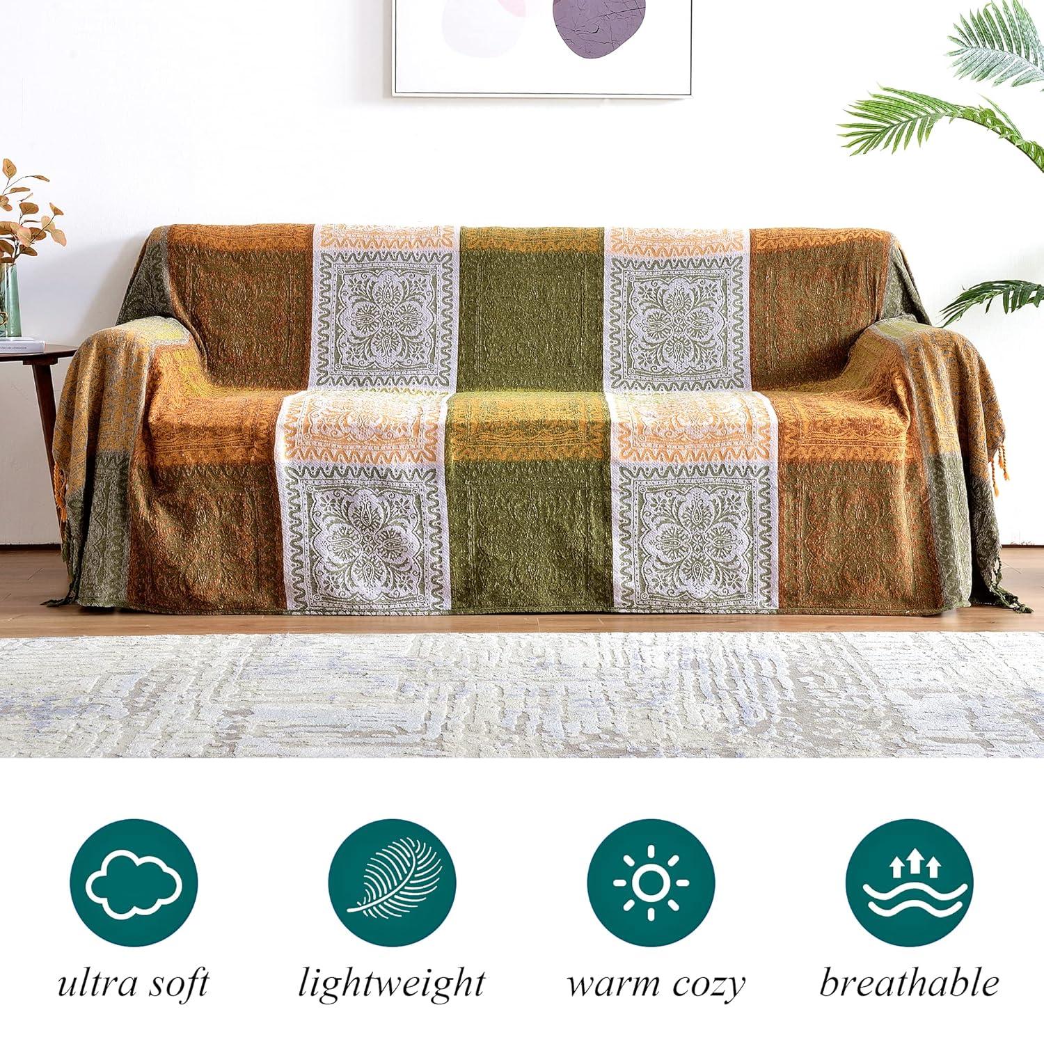 Manta Bohemia, Borlas Bohemias para Cama, Sofá, Silla Suave, Borlas con Flecos de Chenilla (Verde, Grande 86 X 102 Pulgadas)