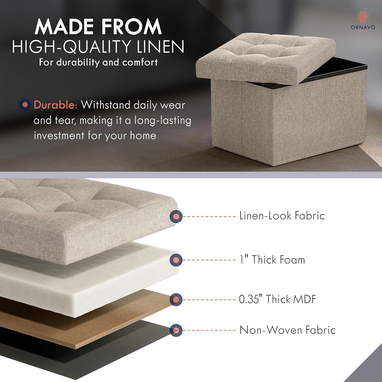 Small White Tufted Linen Foldable Storage Ottoman