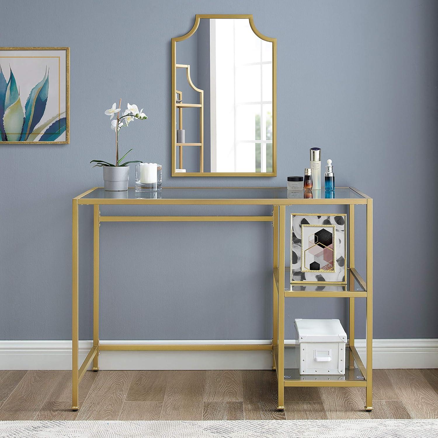 Aimee Desk Gold - Crosley: Sleek Steel Frame, Tempered Glass Top, Open Storage Shelf