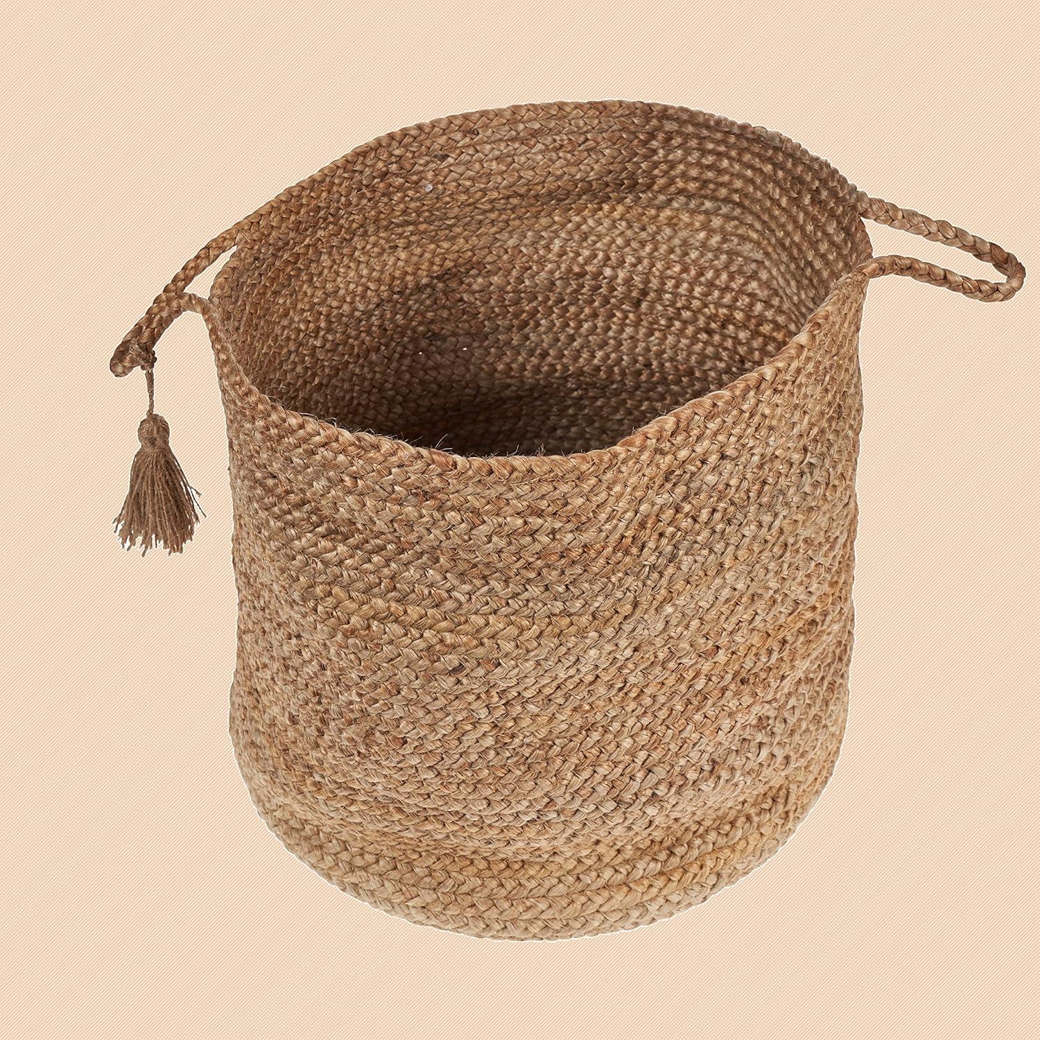 LR Home Braided Round Jute 17" Storage Basket with Handles, Natural/Tan Solid