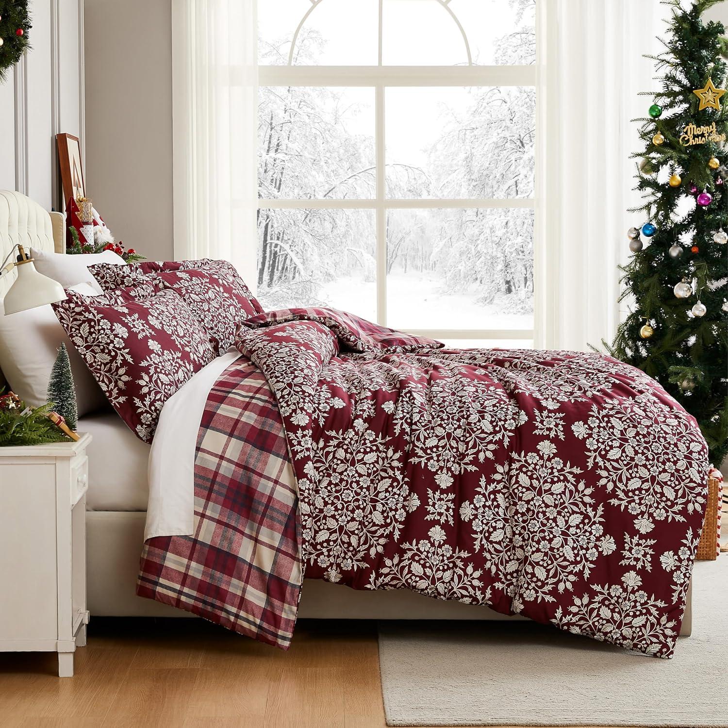 Holly and Red Plaid Reversible King/Cal King Duvet Cover Set