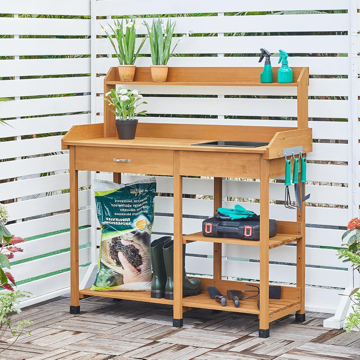 Topeakmart 45.2x17.7x47.6'' (LxWxH) Potting Benches Outdoor Garden Potting Table Work Bench with Removable Sink Drawer Rack Shelves Work Station, Wood