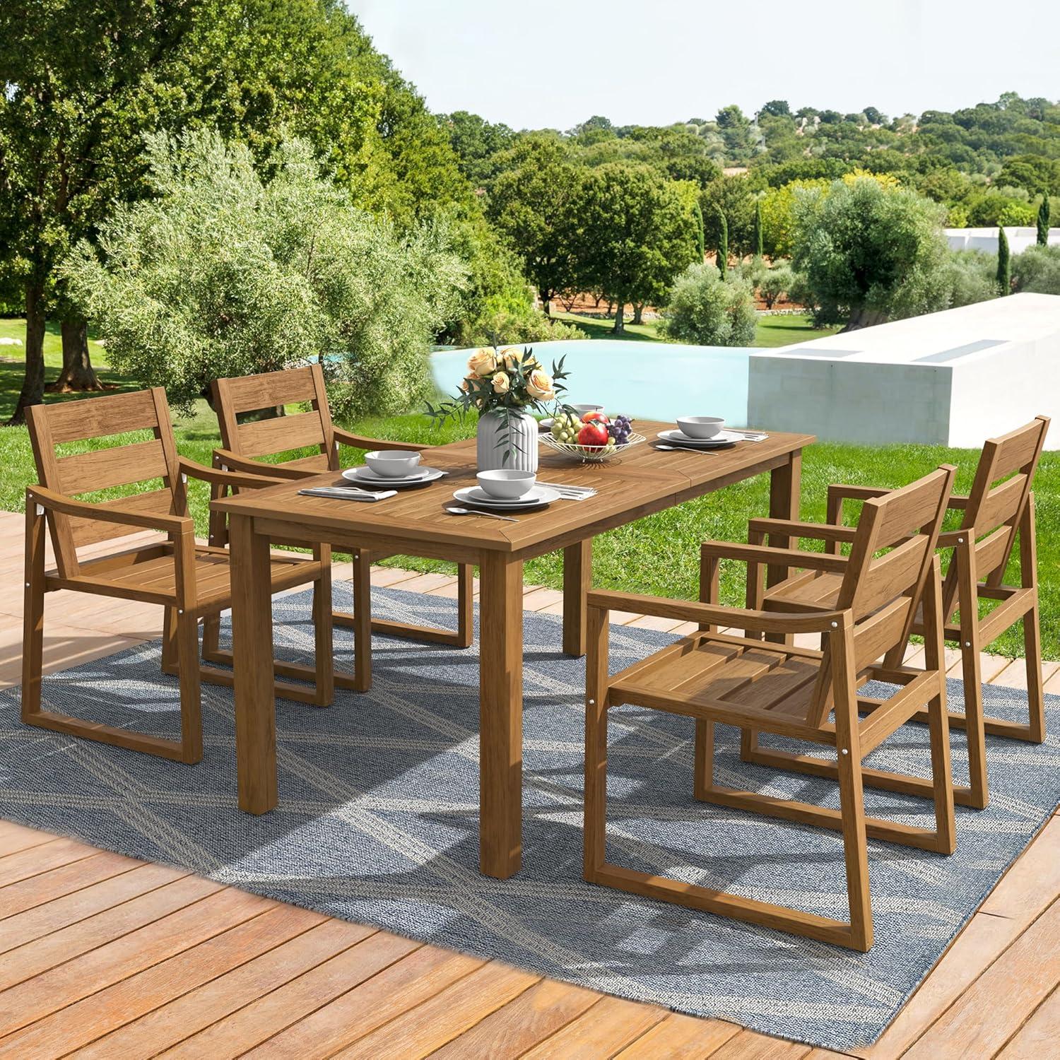 7-Piece Brown Recycled Plastic HDPS Outdoor Dining Set All Weather Indoor Outdoor Patio Table and Chairs with Armrest