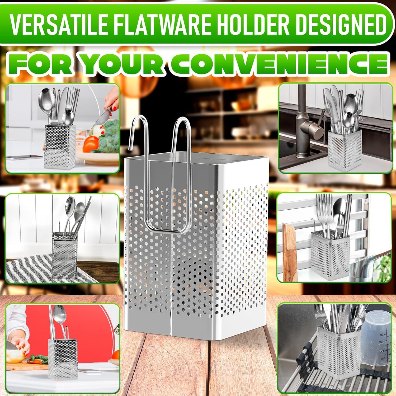 Small Kitchen Utensil Chopsticks Perforated Holder with Hooks - Stainless Steel Storage Stand Kitchen Holder for Spoon Knife Fork Case Organizer Dishwasher Safe Small Square Caddy