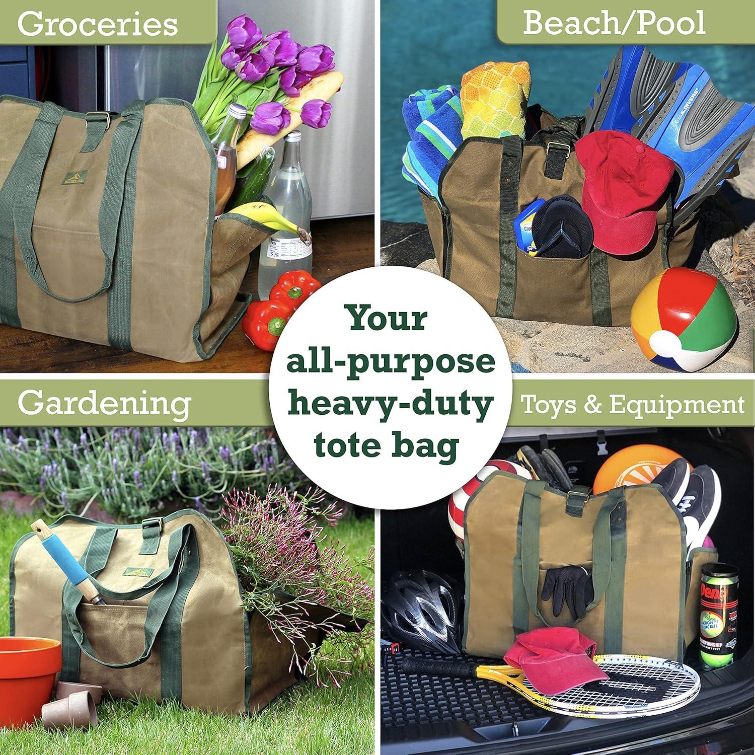 HinterHill 2-in-1 Firewood Carrier Bag. Adjustable Canvas Bag with Zip-Down Sides for Fireplace Wood