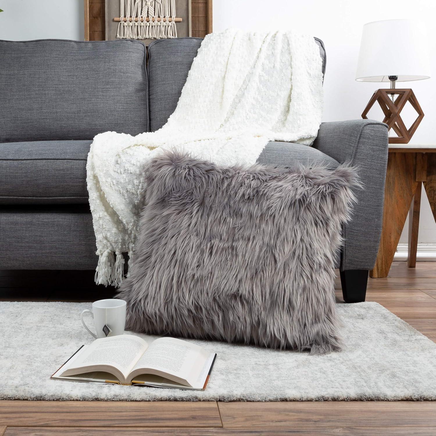 22-in. Plush Pillow Luxury Square Accent Pillow Insert and Shag Glam Cover Set for Bedroom or Living Room by Lavish Home (Gray)