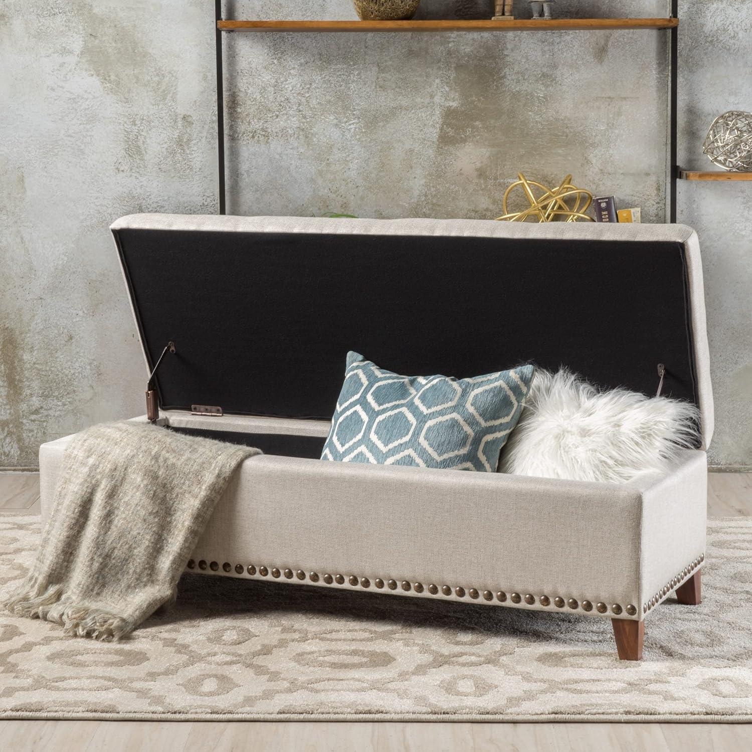 Beige Tufted Fabric Storage Ottoman with Nailhead Trim