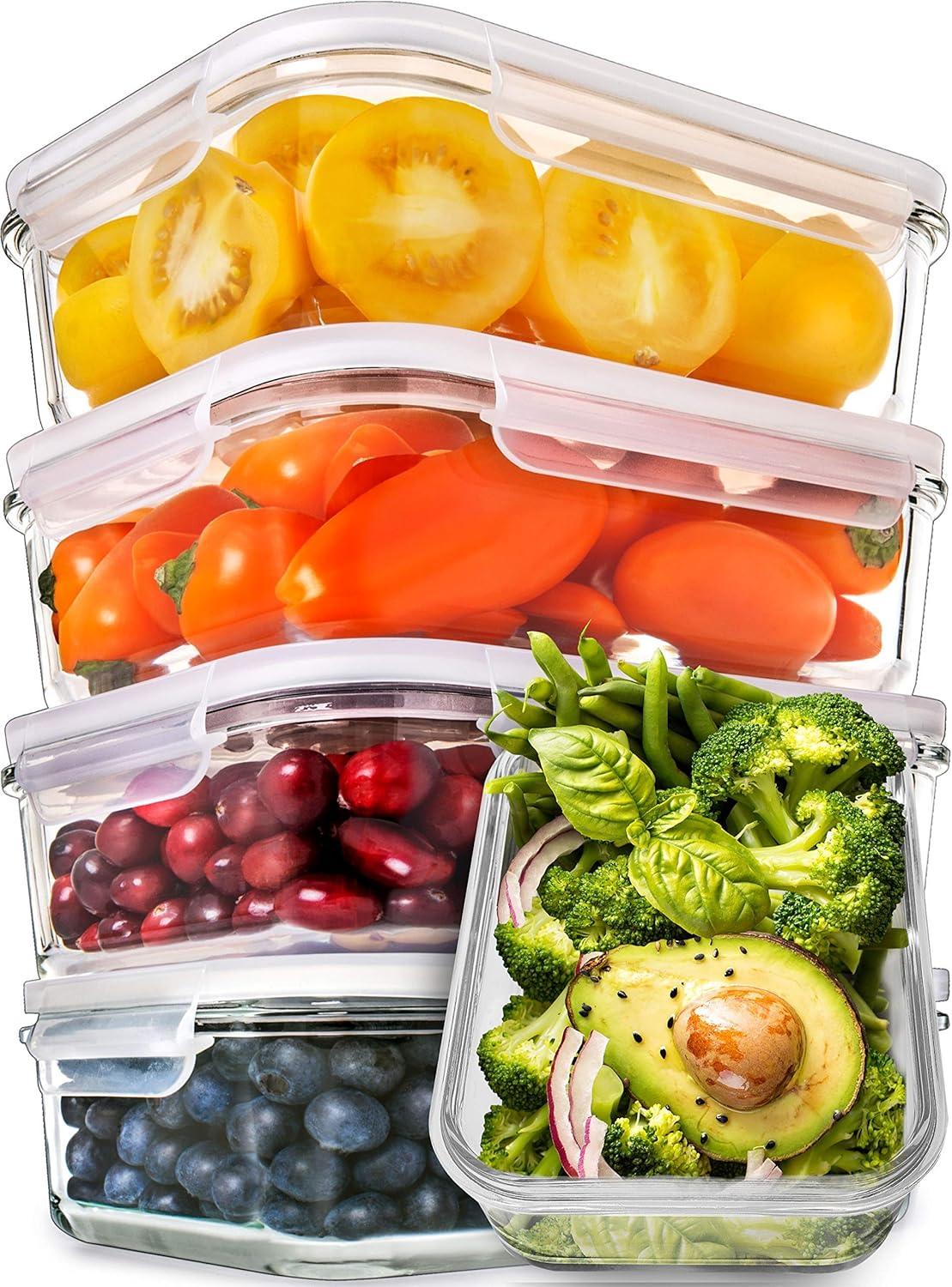 Clear Rectangular Glass Meal Prep Containers with Snap Lids, 5 Pack, 30 Oz