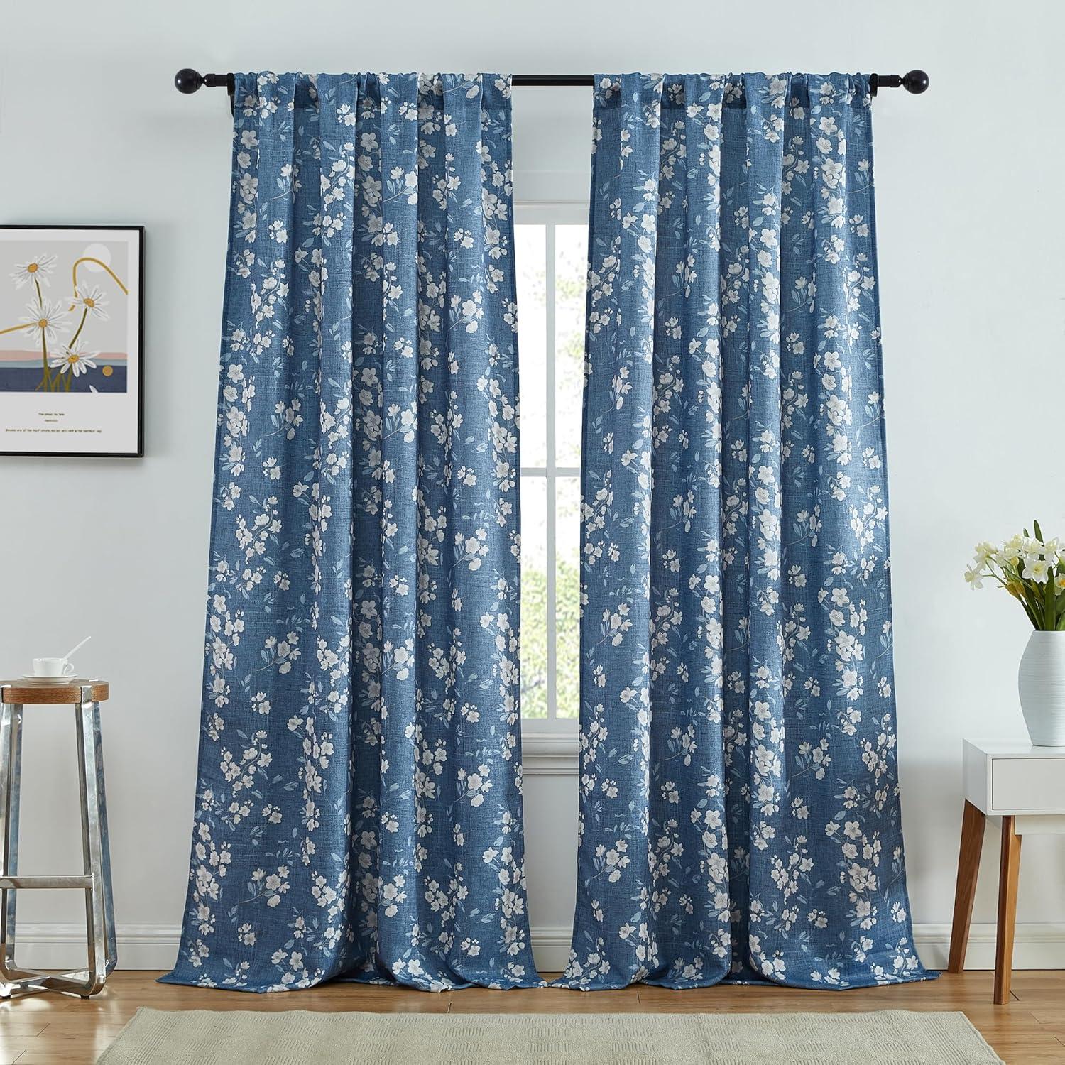 Blue Floral Polyester Room-Darkening Rod Pocket Curtains, 52" x 84"