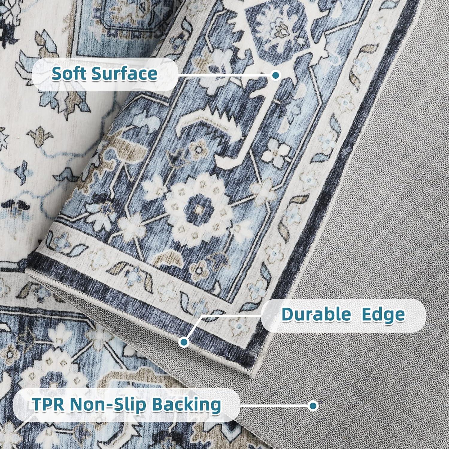 Garvee 9x12 Large Area Rug Washable Rug Vintage Floral Printed Carpet Boho Chenille Floor Cover Non-Slip Soft Foldable Thin Rug Home Decor, Blue/Beige