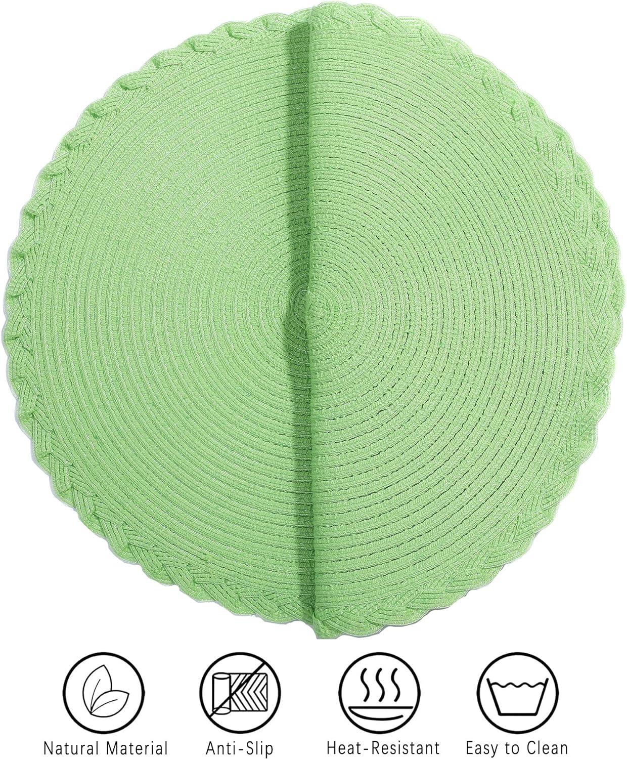 Placemats Set of 6, Lime Green Placemats Set of 6, Round Woven Placemats for Indoor and Outdoor, Washable Woven Placemats for St Patricks Day Placemats, 15 Inch
