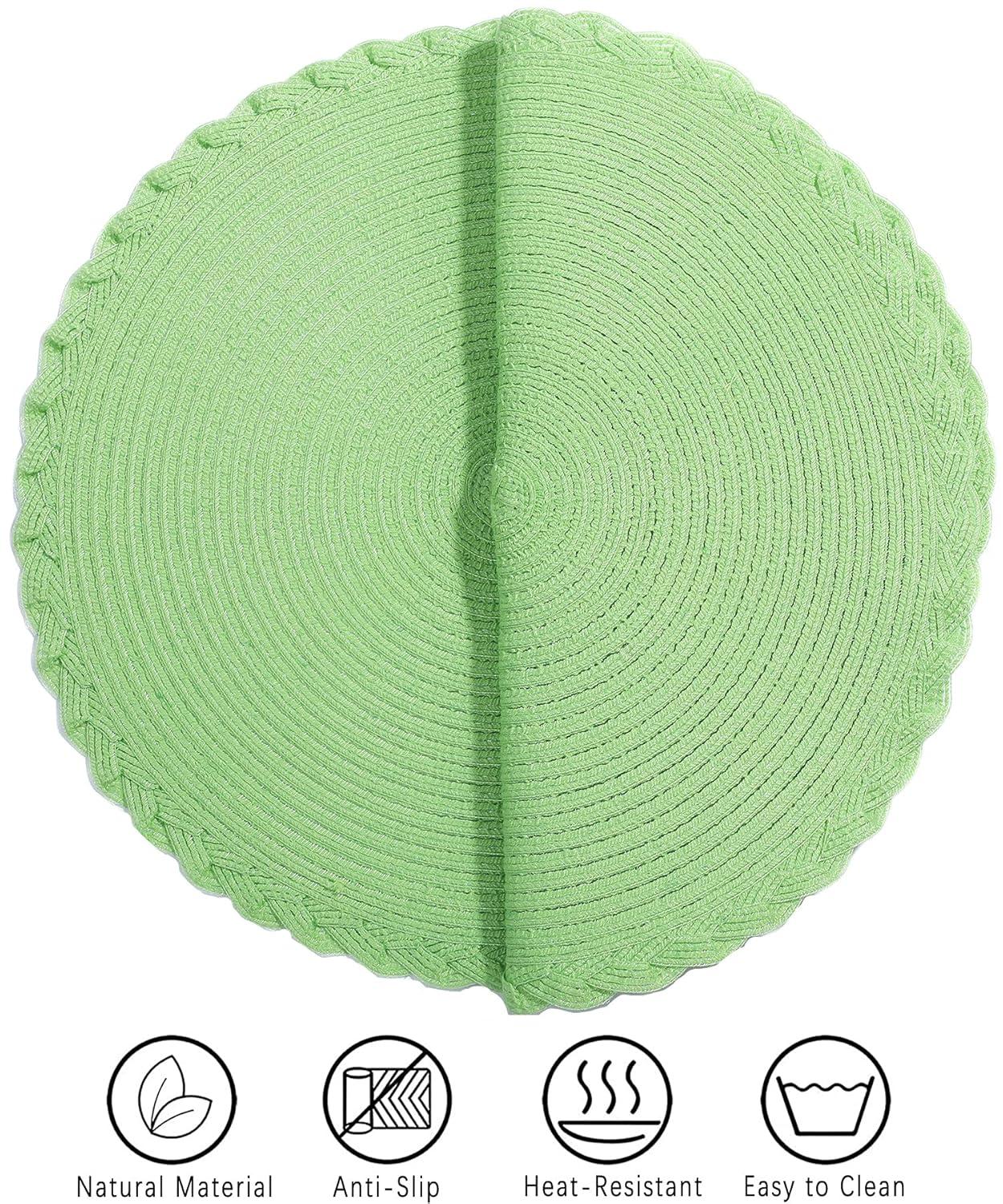 Placemats Set of 6, Lime Green Placemats Set of 6, Round Woven Placemats for Indoor and Outdoor, Washable Woven Placemats for St Patricks Day Placemats, 15 Inch