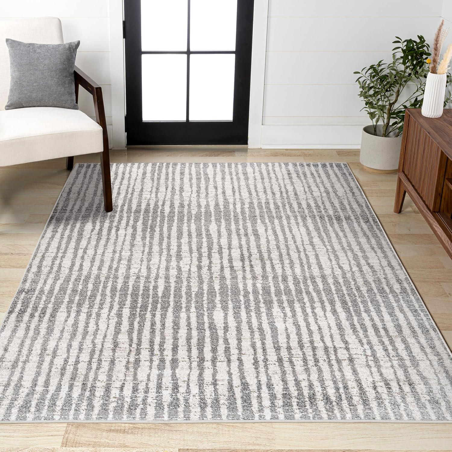 3'x5' Skoura Modern Bold Stripe Area Rug, Beige/Dark Gray - JONATHAN Y