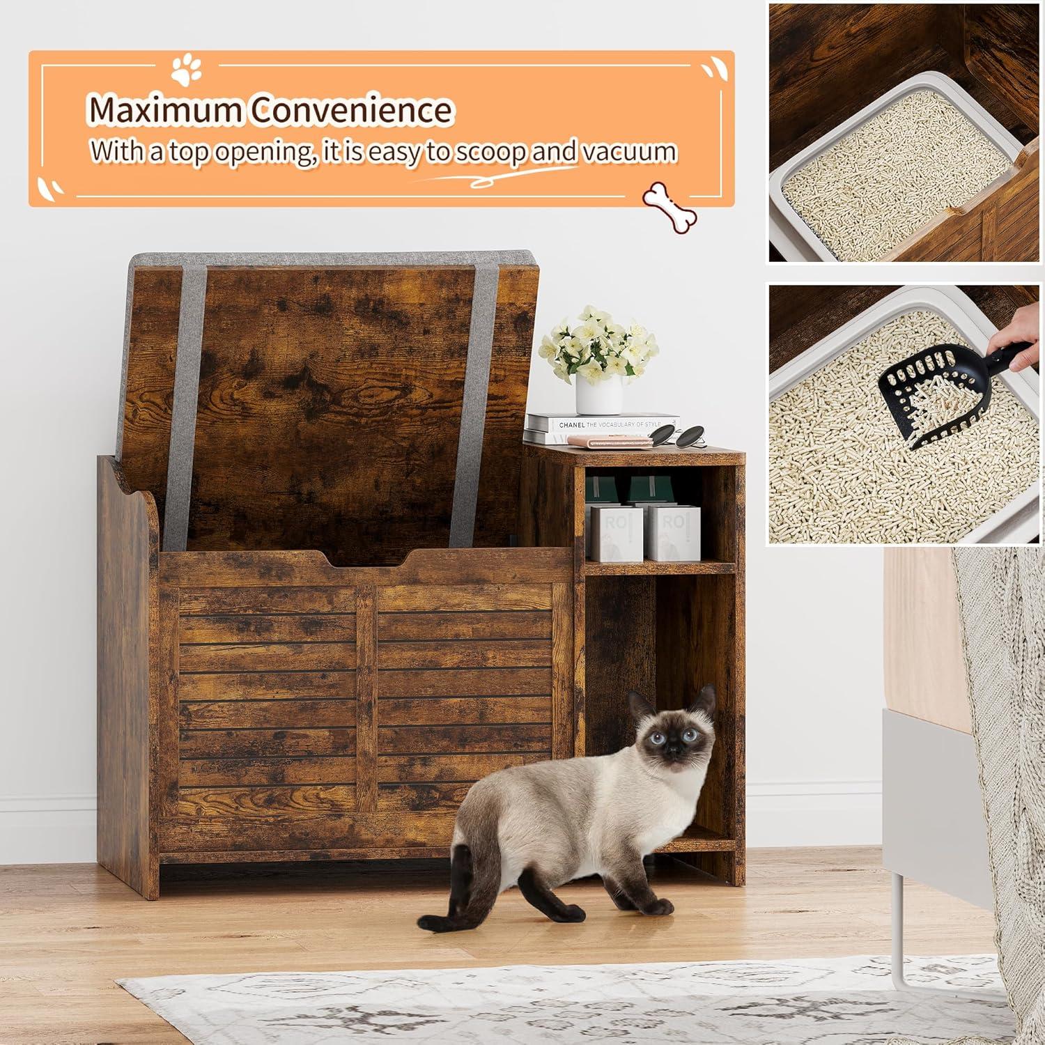 Rustic Brown Fir Wood Cat Litter Box Enclosure with Cushion